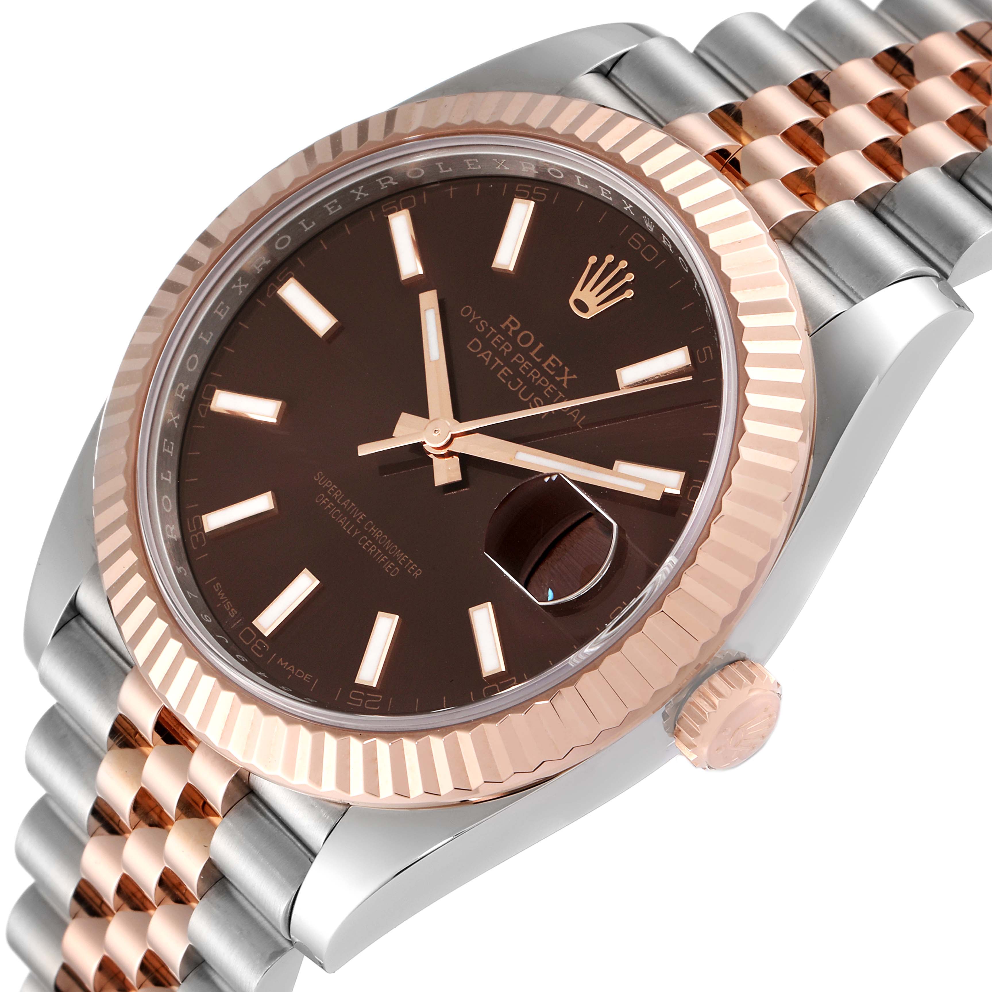 This image shows a close-up of the face, bezel, and part of the bracelet of a Rolex Datejust 41 126331 Men's Steel and Gold (two tone) Brown Dial 126331 Men's Steel and Gold (two tone) Brown Dial watch.