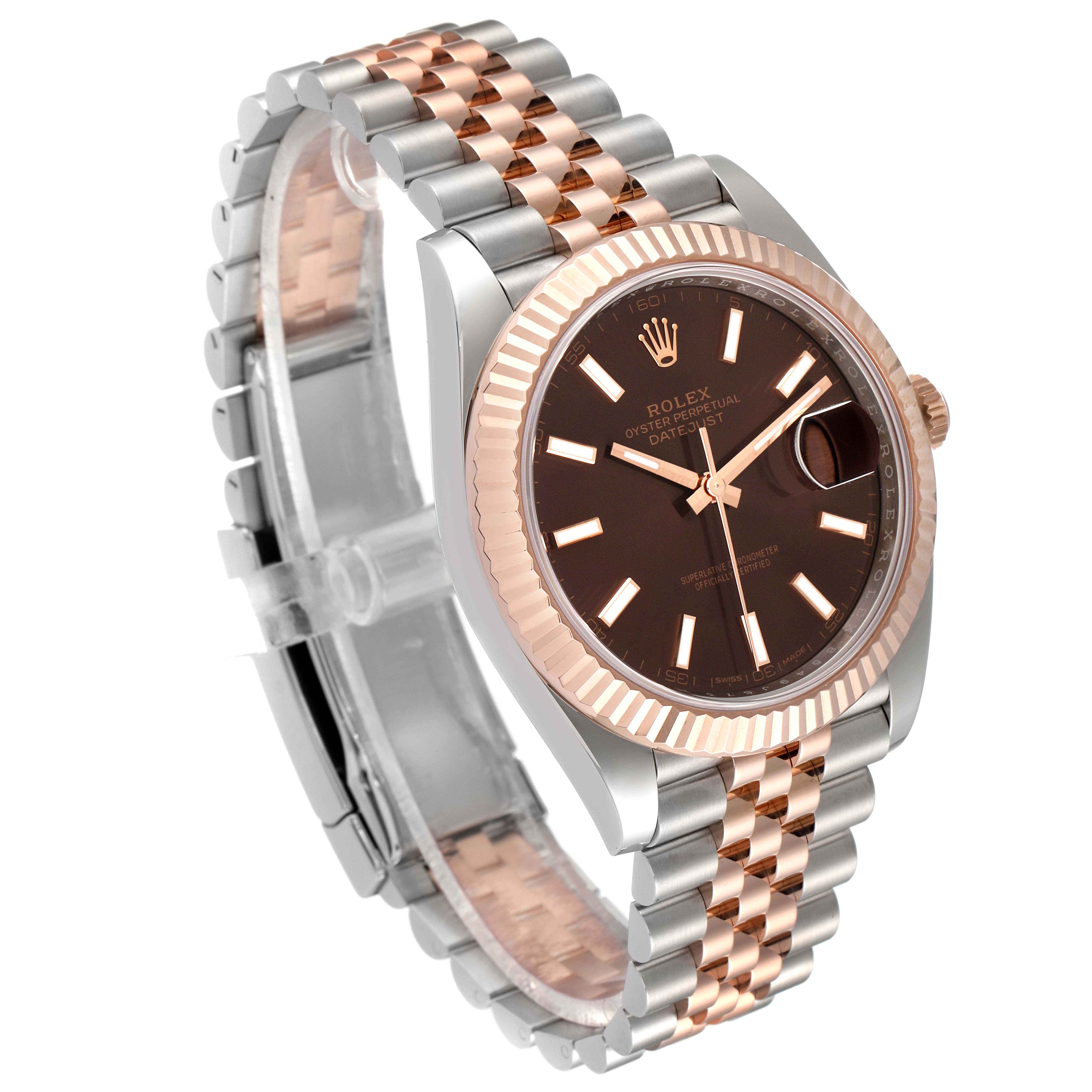 The image shows a Rolex Datejust 41 126331 Men's Steel and Gold (two tone) Brown Dial 126331 Men's Steel and Gold (two tone) Brown Dial watch from an angled side view, highlighting its two-tone bracelet, fluted bezel, and chocolate dial.