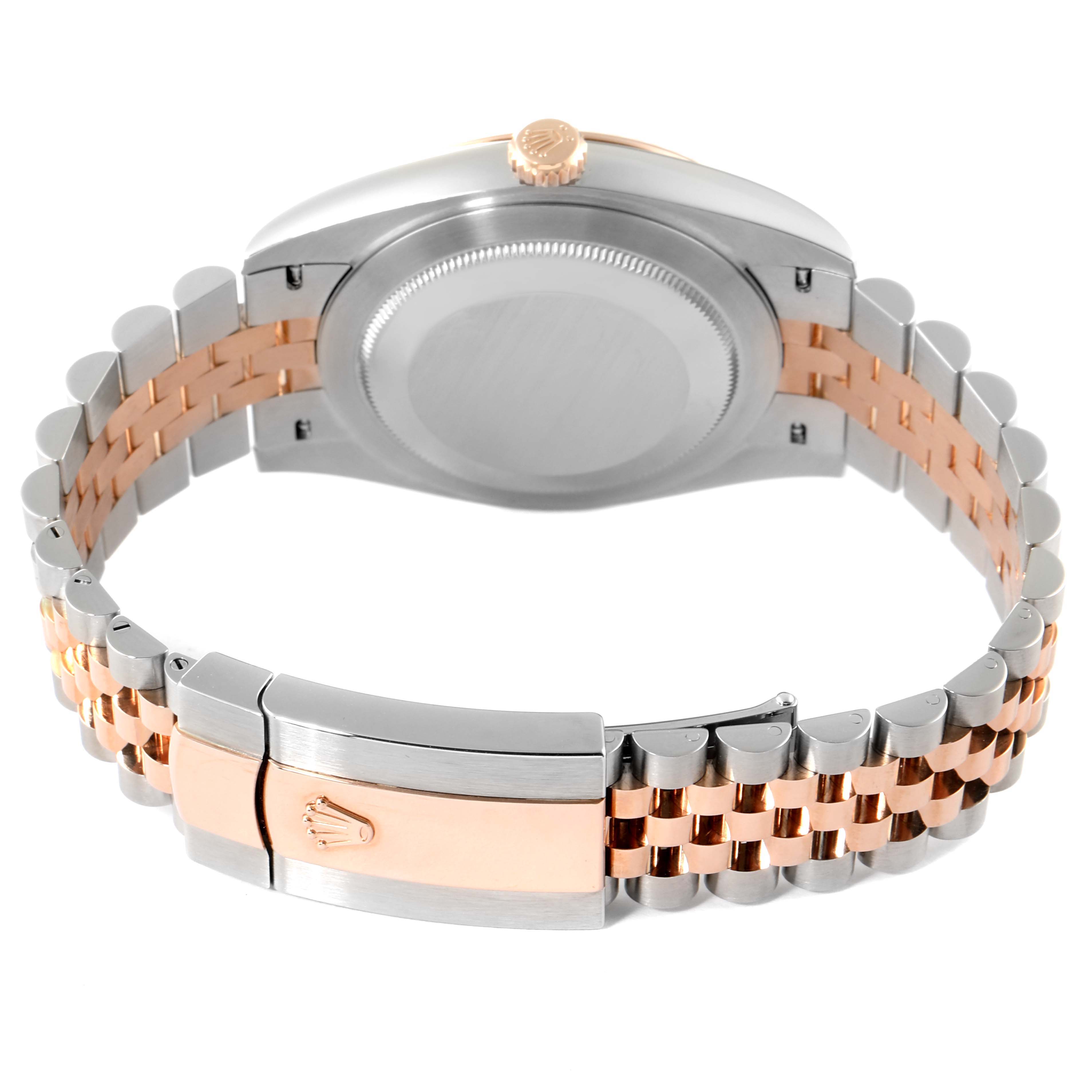 The image shows the back view of a Rolex Datejust 41 126331 Men's Steel and Gold (two tone) Beige Dial 126331 Men's Steel and Gold (two tone) Beige Dial model watch, highlighting its case back, crown, and two-tone bracelet.