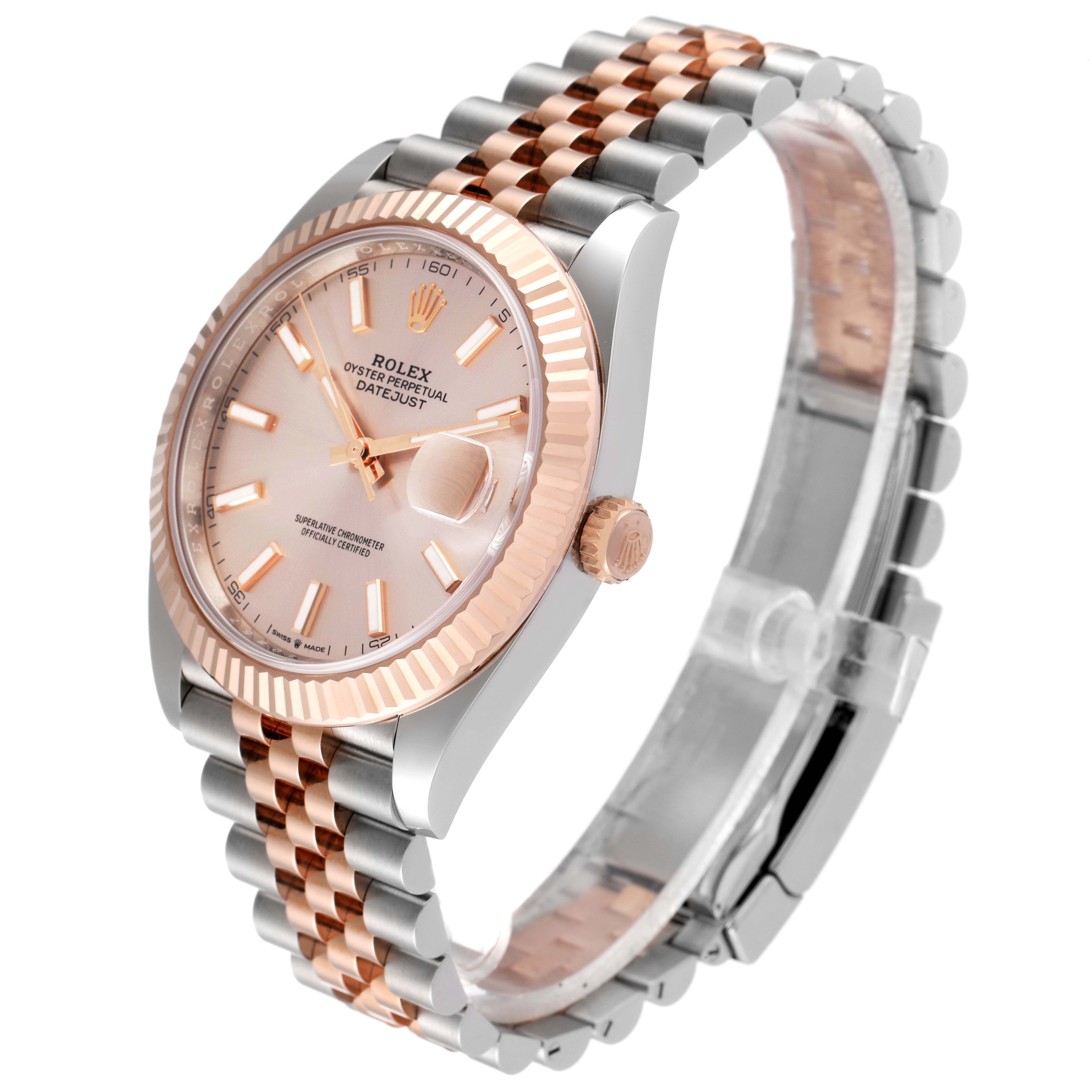 The image shows a Rolex Datejust 41 126331 Men's Steel and Gold (two tone) Beige Dial 126331 Men's Steel and Gold (two tone) Beige Dial model watch from an angled side view, highlighting its face, bezel, crown, and bracelet.