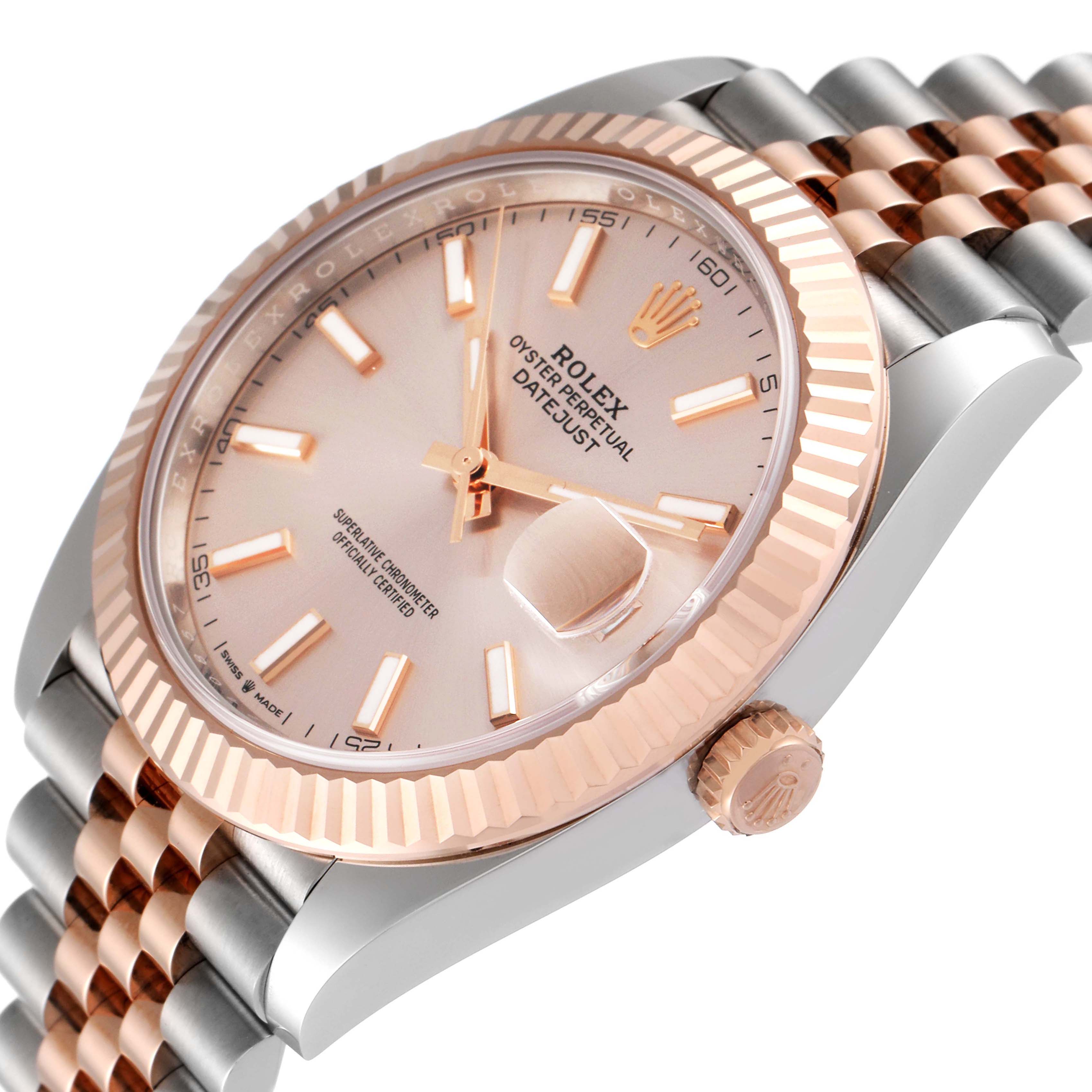 This image shows a close-up angled view of the Rolex Datejust 41 126331 Men's Steel and Gold (two tone) Beige Dial 126331 Men's Steel and Gold (two tone) Beige Dial, highlighting its dial, fluted bezel, and portion of the two-tone bracelet.