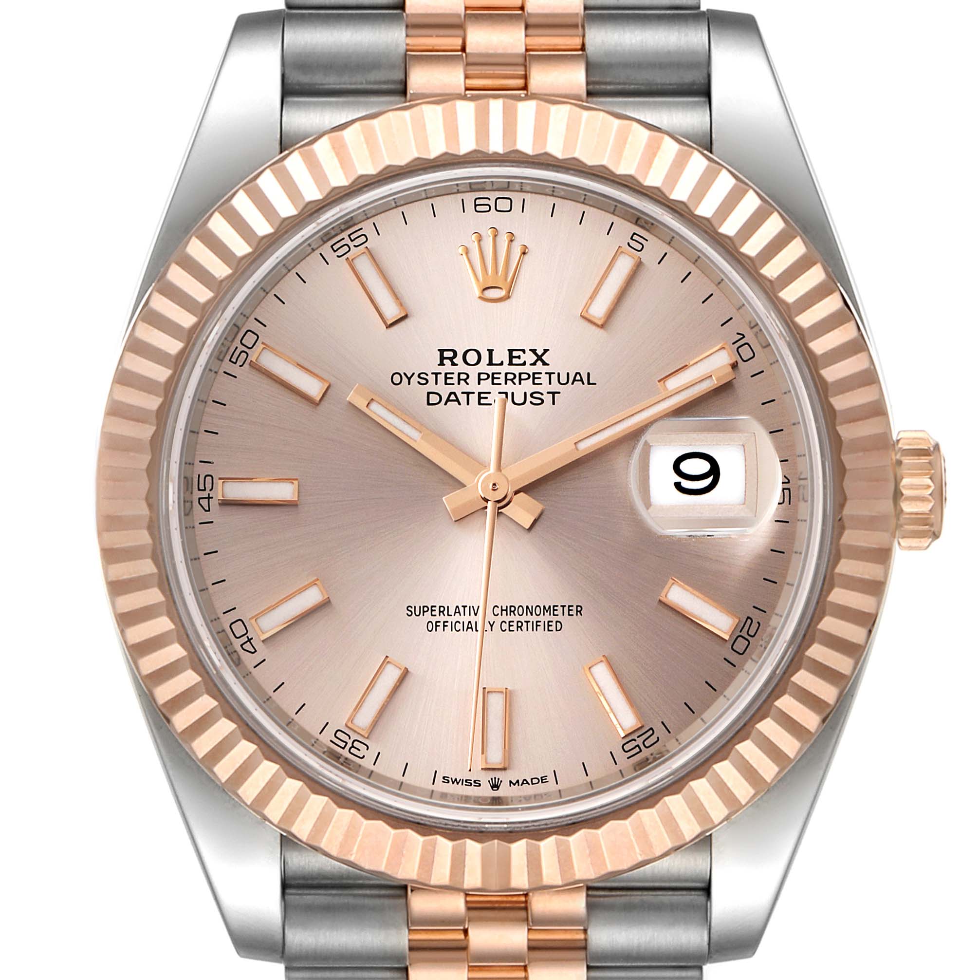 The image shows a front view of the Rolex Datejust 41 126331 Men's Steel and Gold (two tone) Beige Dial 126331 Men's Steel and Gold (two tone) Beige Dial, highlighting the dial, bezel, and a part of the bracelet.