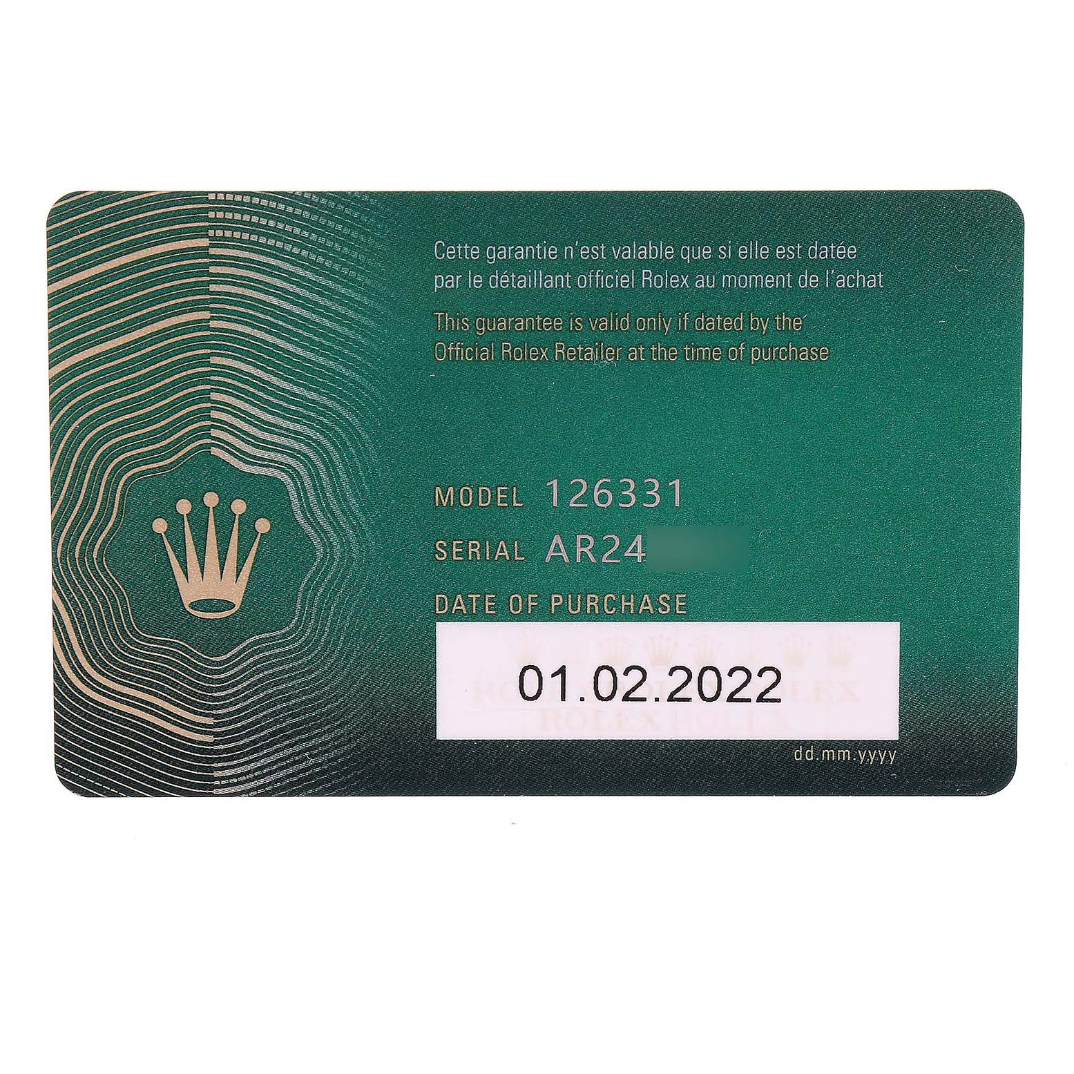 The image shows the warranty card for a Rolex Datejust 41 126331 Men's Steel and Gold (two tone) Beige Dial 126331 Men's Steel and Gold (two tone) Beige Dial model 126331 with a purchase date of 01.02.2022.