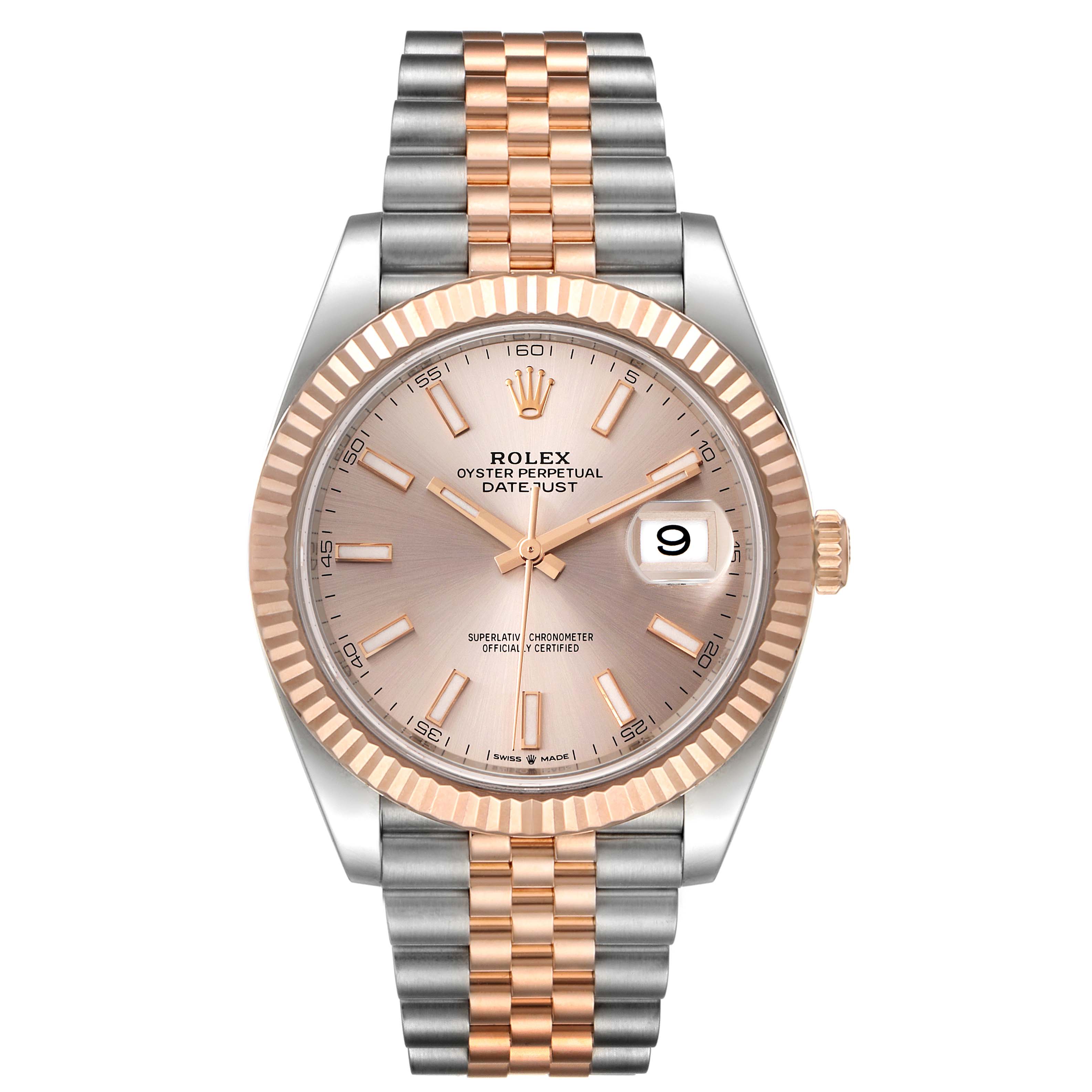 This image shows a front view of the Rolex Datejust 41 126331 Men's Steel and Gold (two tone) Beige Dial 126331 Men's Steel and Gold (two tone) Beige Dial model, displaying its dial, bezel, and two-tone bracelet.