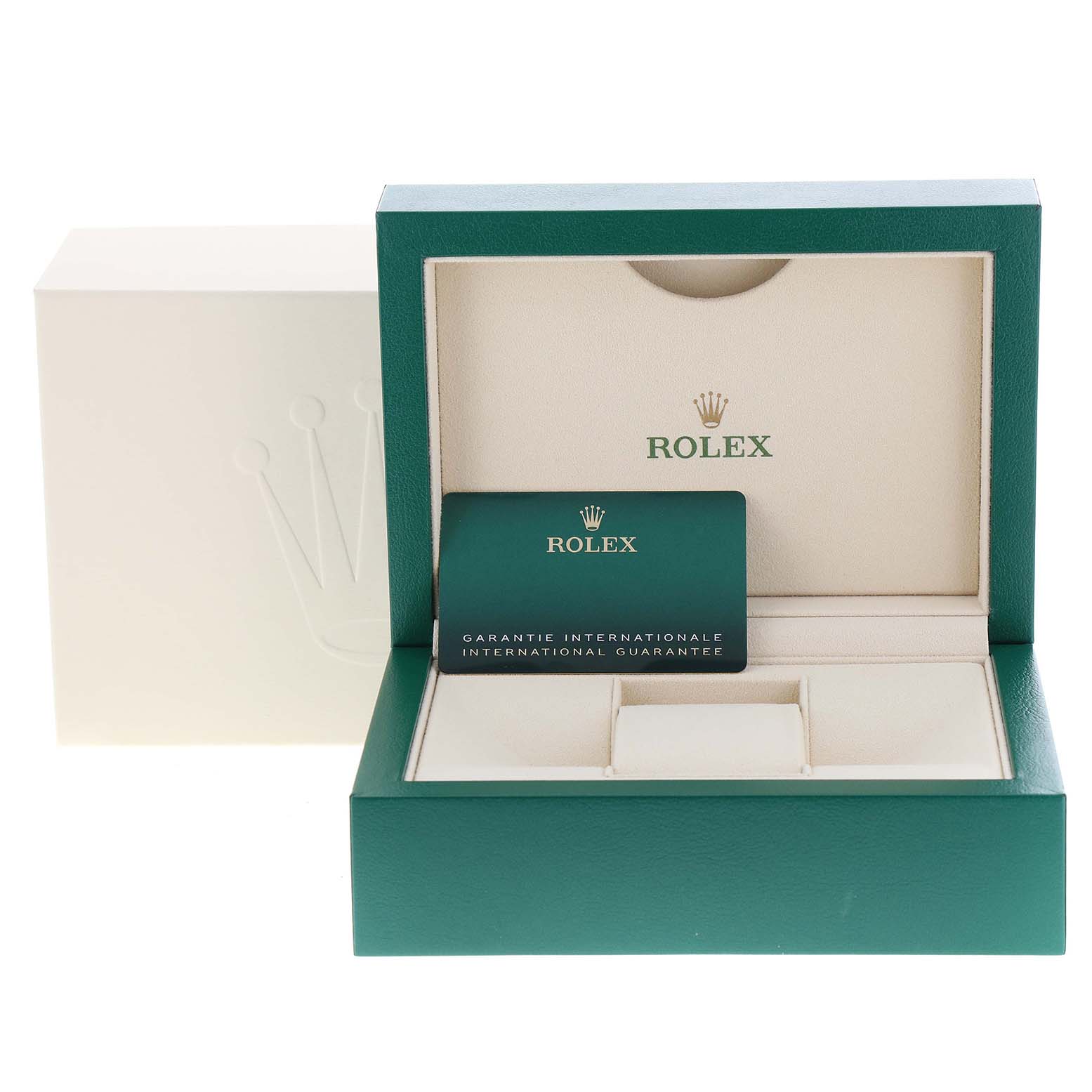 This image shows the open box and international guarantee card for the Rolex Datejust 41 126331 Men's Steel and Gold (two tone) Beige Dial 126331 Men's Steel and Gold (two tone) Beige Dial model.