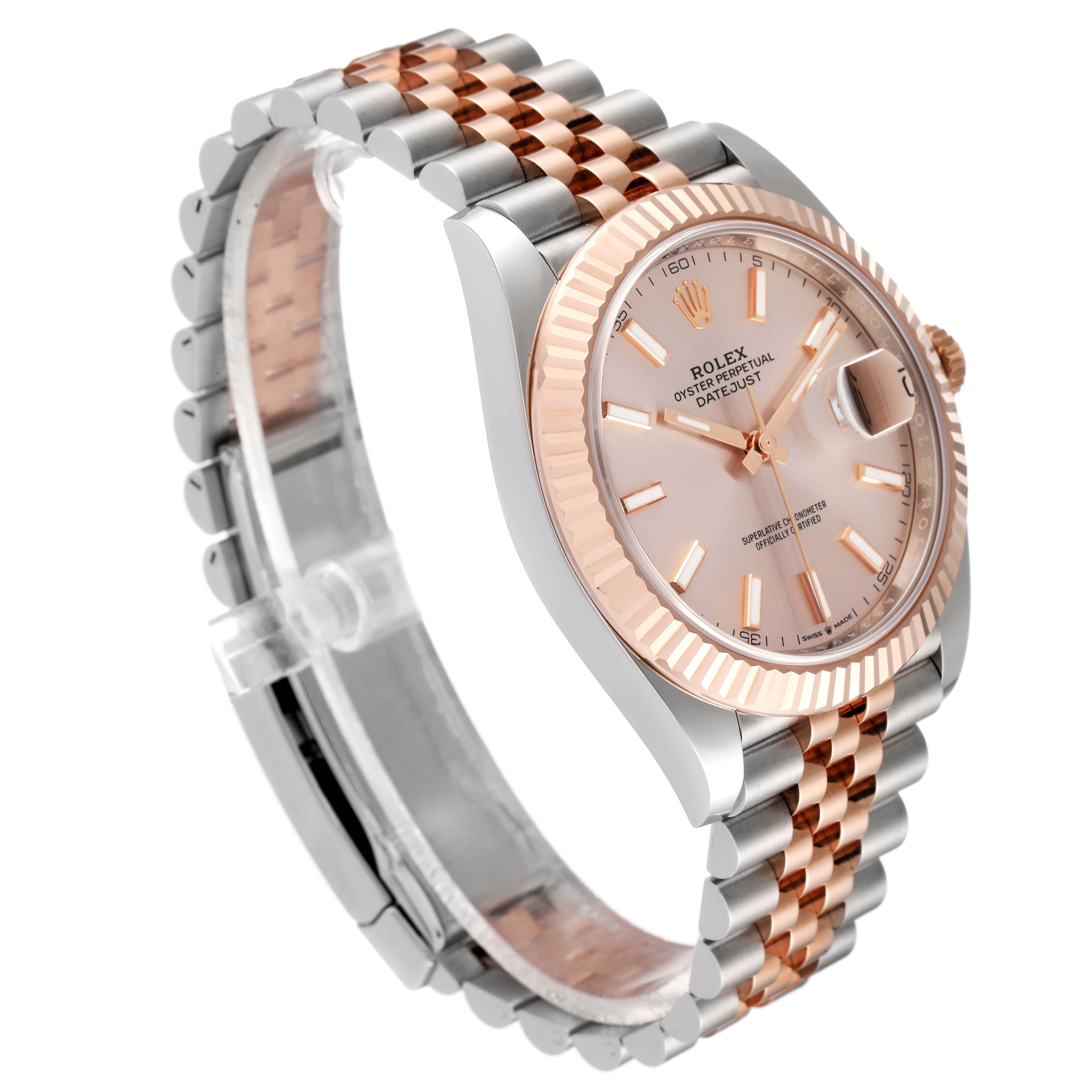 This image shows the Rolex Datejust 41 126331 Men's Steel and Gold (two tone) Beige Dial 126331 Men's Steel and Gold (two tone) Beige Dial watch at a slight angle, highlighting its face, bezel, and two-tone bracelet.