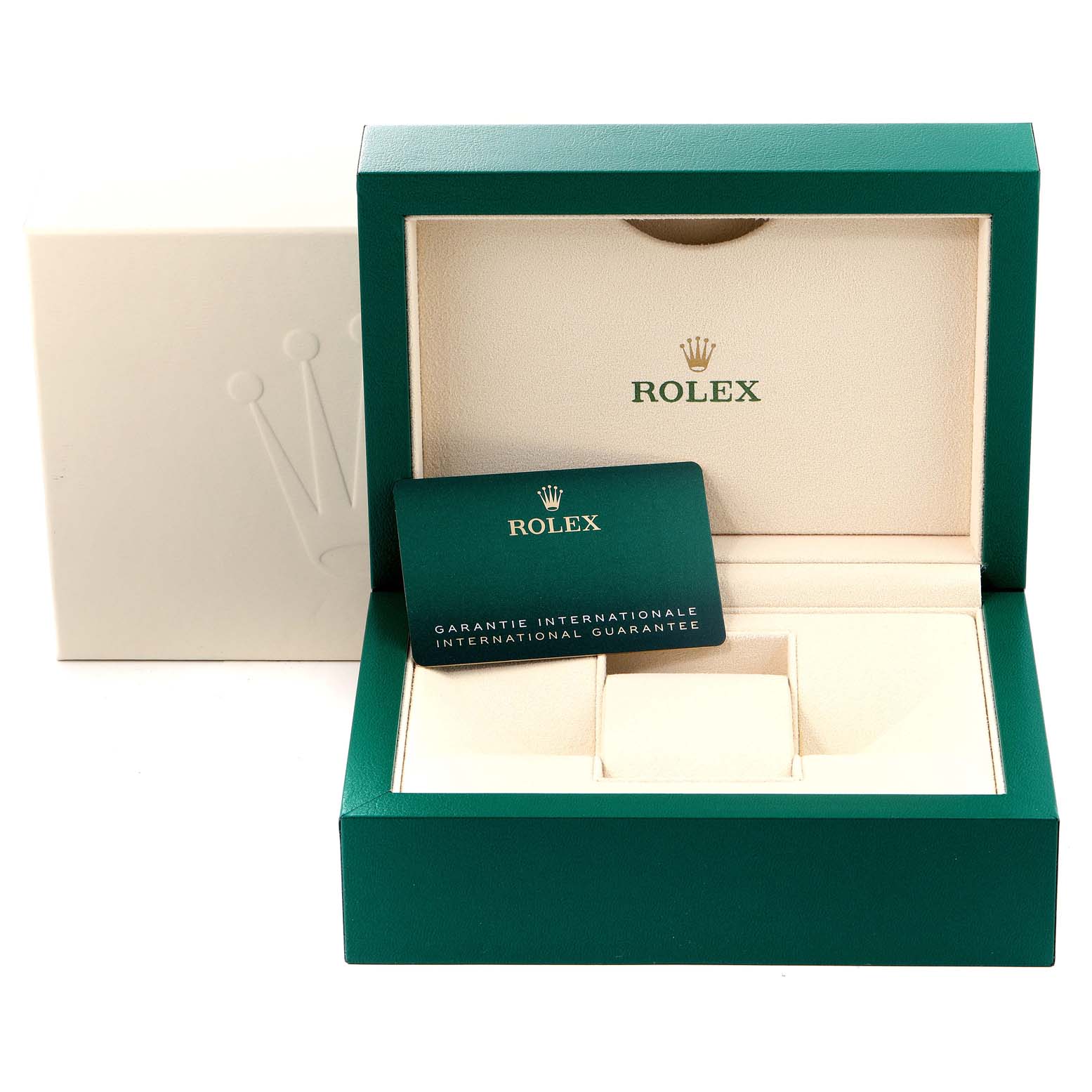 The image shows the open box and international guarantee card for a Rolex Datejust 41 126331 Men's Steel and Gold (two tone) Beige Dial 126331 Men's Steel and Gold (two tone) Beige Dial watch.