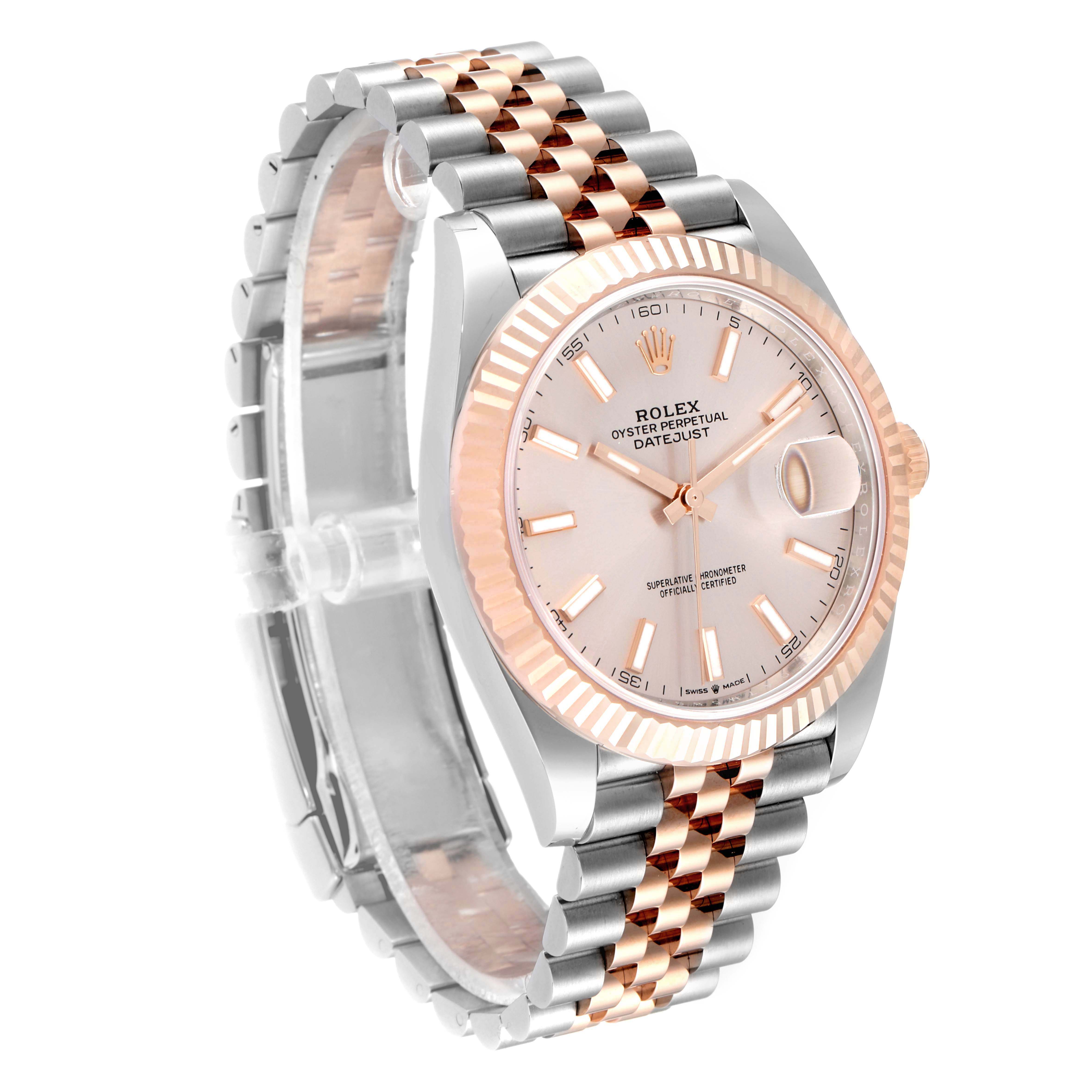 The image shows a Rolex Datejust 41 126331 Men's Steel and Gold (two tone) Beige Dial 126331 Men's Steel and Gold (two tone) Beige Dial watch at an angle showcasing its face, bezel, and Jubilee bracelet.