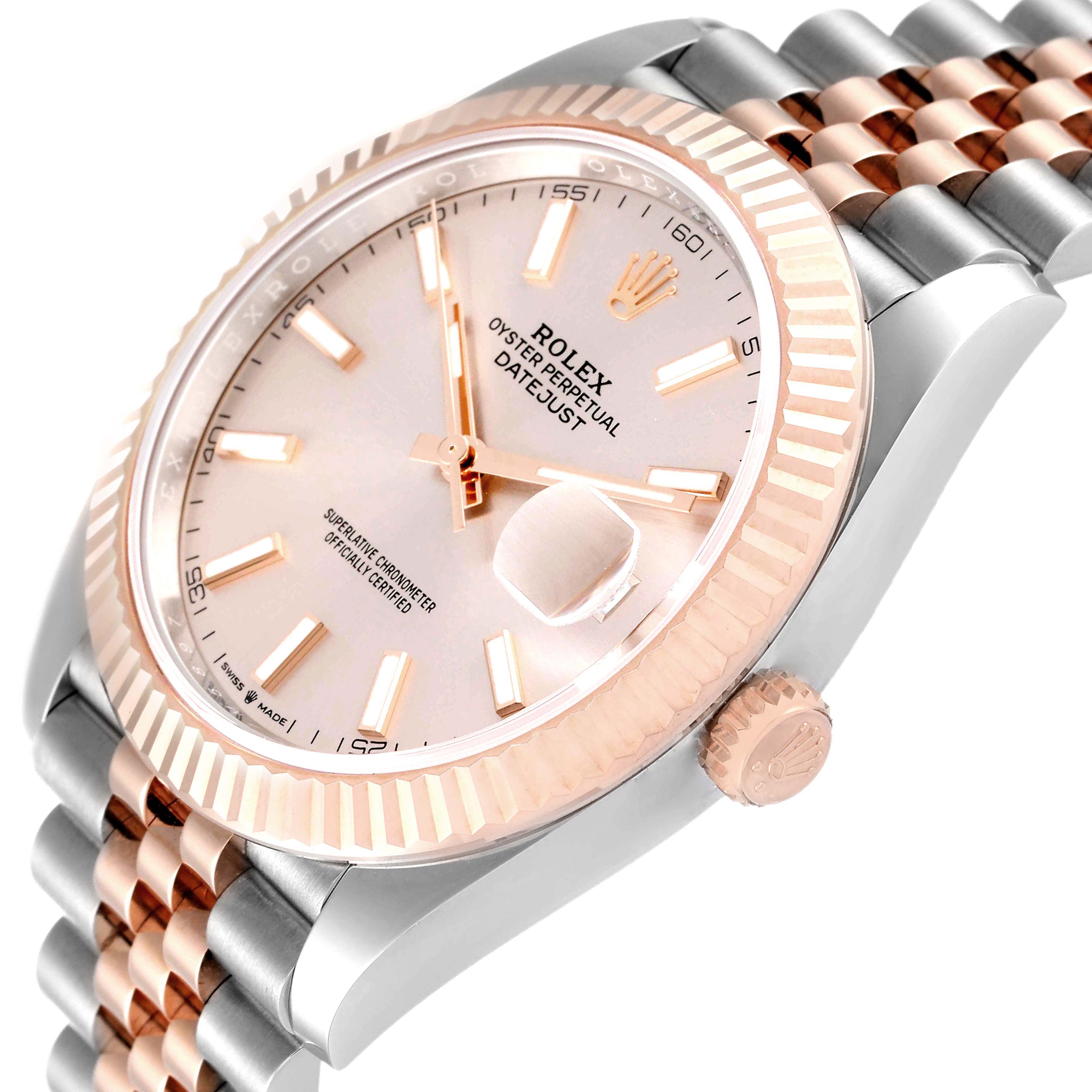 This image shows a close-up angled view of the face and part of the bracelet of the Rolex Datejust 41 126331 Men's Steel and Gold (two tone) Beige Dial 126331 Men's Steel and Gold (two tone) Beige Dial model.