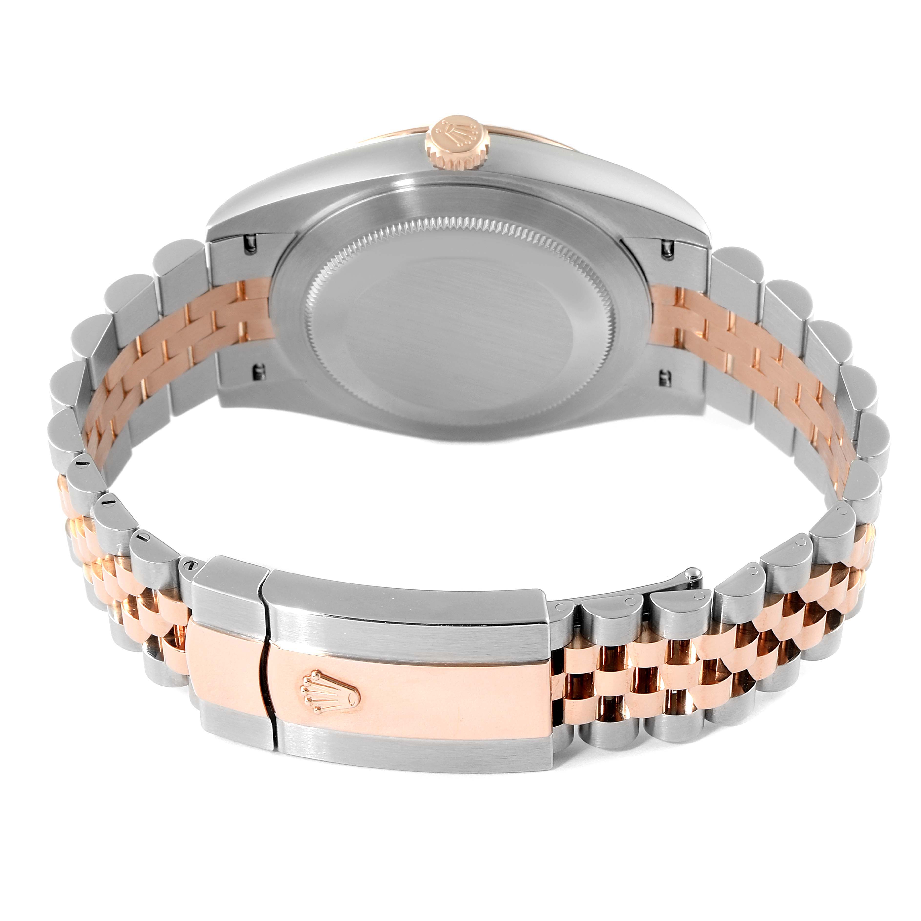 The image shows a rear view of the Rolex Datejust 41 126331 Men's Steel and Gold (two tone) Beige Dial 126331 Men's Steel and Gold (two tone) Beige Dial watch, focusing on its case back, crown, and two-tone Jubilee bracelet.