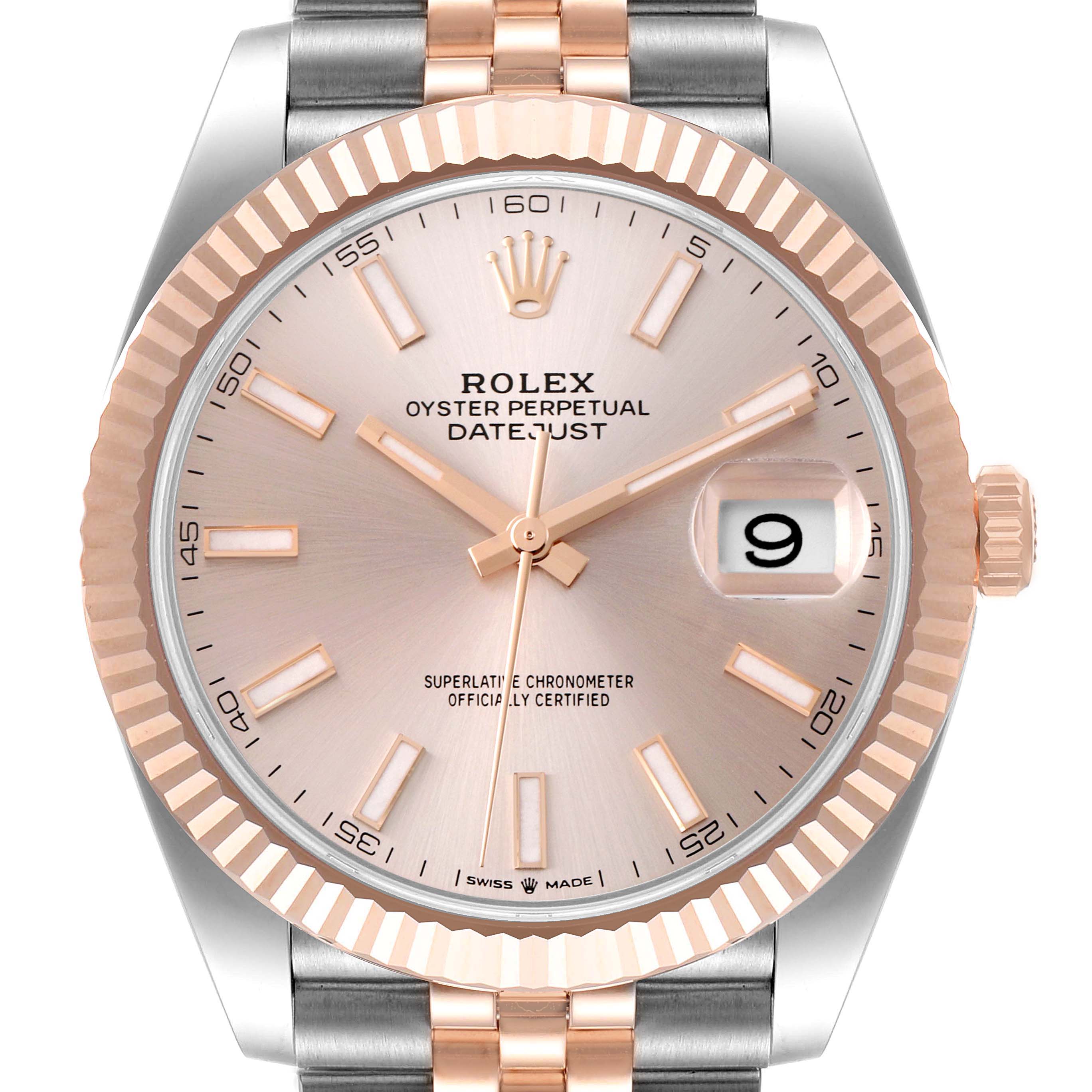 The image shows a close-up, frontal view of the Rolex Datejust 41 126331 Men's Steel and Gold (two tone) Beige Dial 126331 Men's Steel and Gold (two tone) Beige Dial watch face and part of its bracelet.