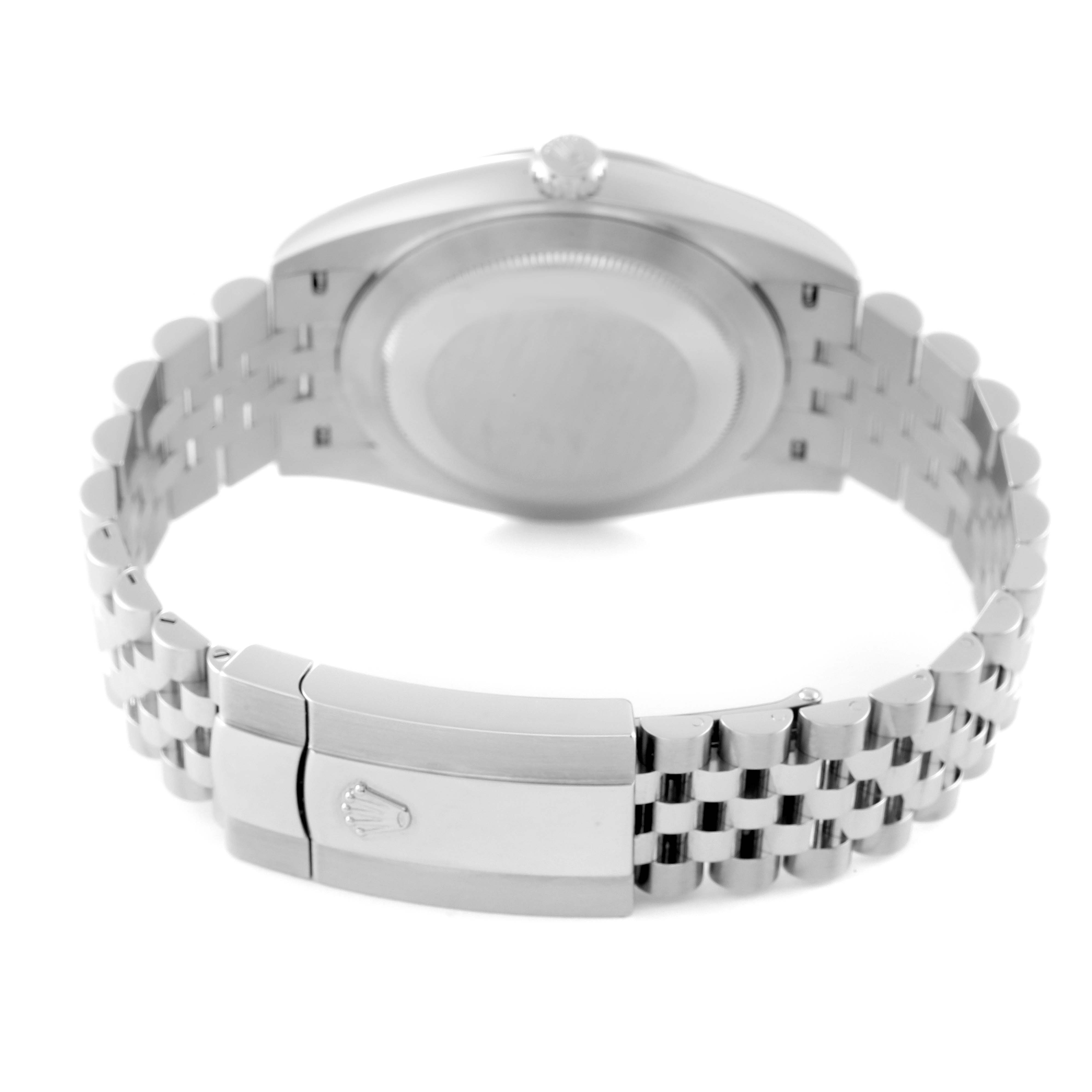 This image shows the backside of the Rolex Datejust 41 126334 Men's Stainless Steel Green Dial 126334 Men's Stainless Steel Green Dial watch, highlighting the clasp, bracelet, and case back.