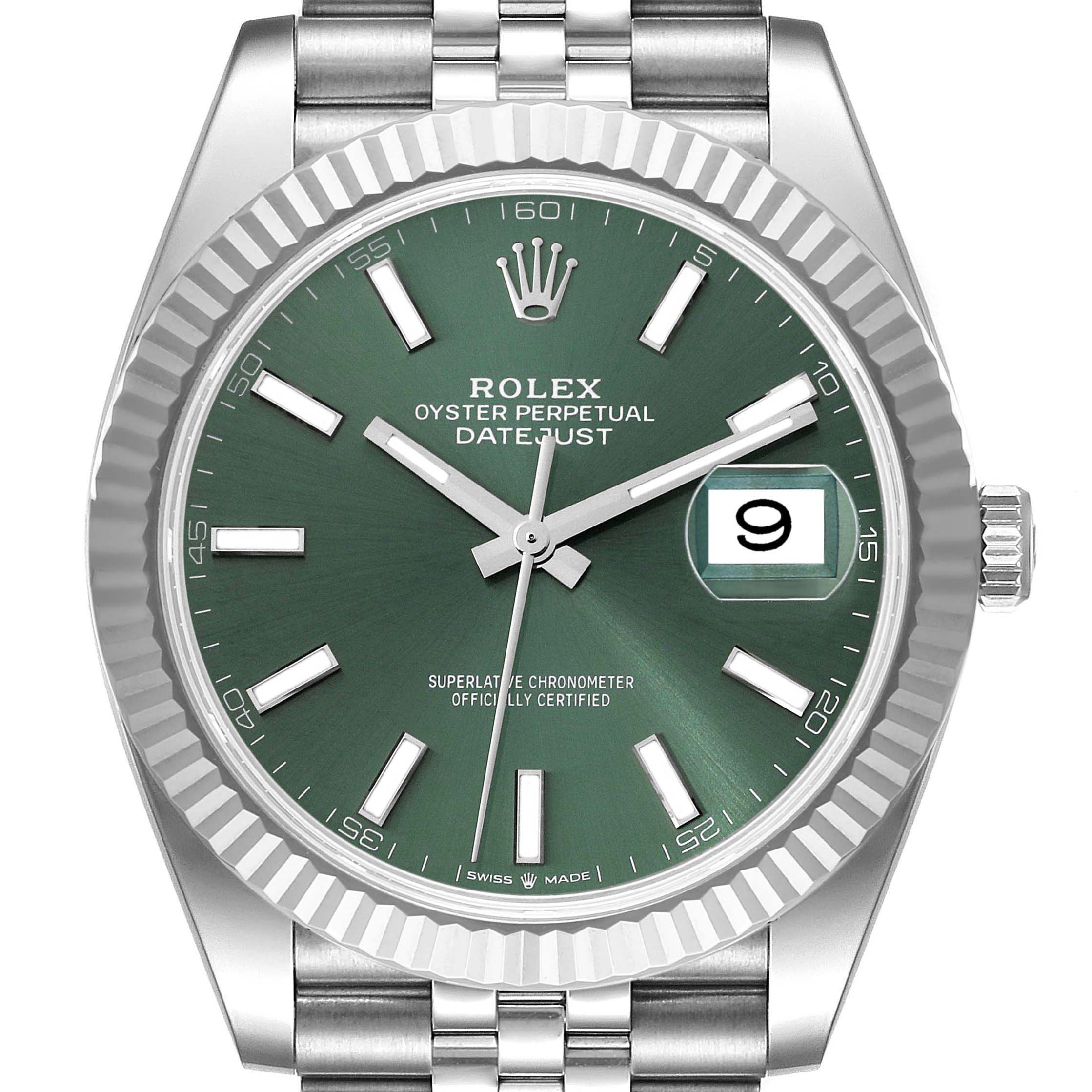 The image shows a frontal view of a Rolex Datejust 41 126334 Men's Stainless Steel Green Dial 126334 Men's Stainless Steel Green Dial watch, featuring a green dial and fluted bezel.