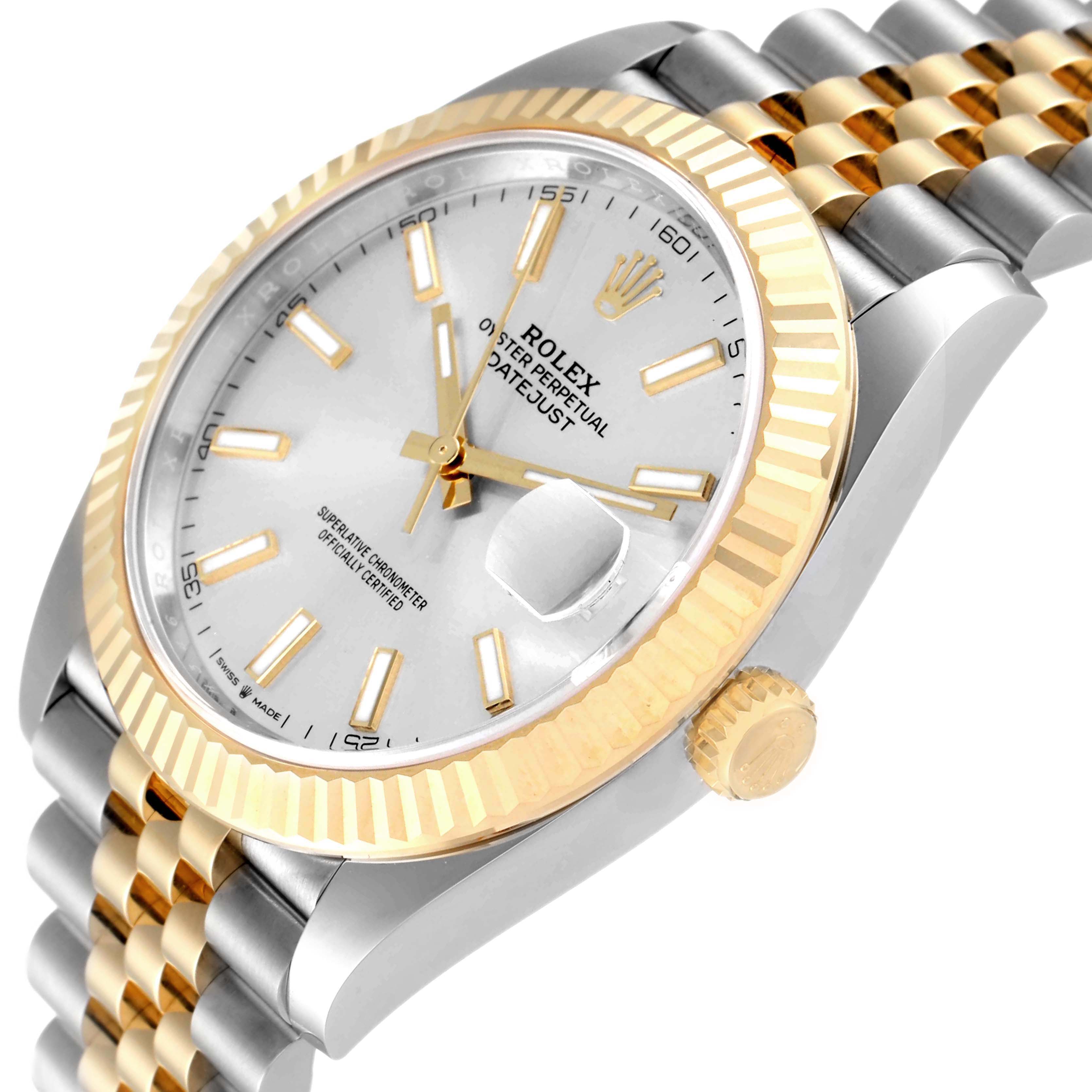 The Rolex Datejust 41 126333 Men
s Steel and Gold (two tone) Silver Dial 126333 Men
s Steel and Gold (two tone) Silver Dial watch is shown at an angled close-up, displaying its dial, fluted bezel, crown, and part of the two-tone bracelet.