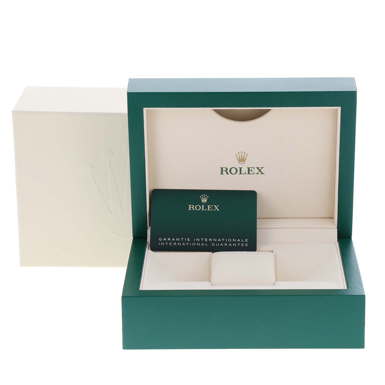 This image shows a Rolex Datejust 41 126333 Men
s Steel and Gold (two tone) Silver Dial 126333 Men
s Steel and Gold (two tone) Silver Dial watch box, with an international guarantee card inside.