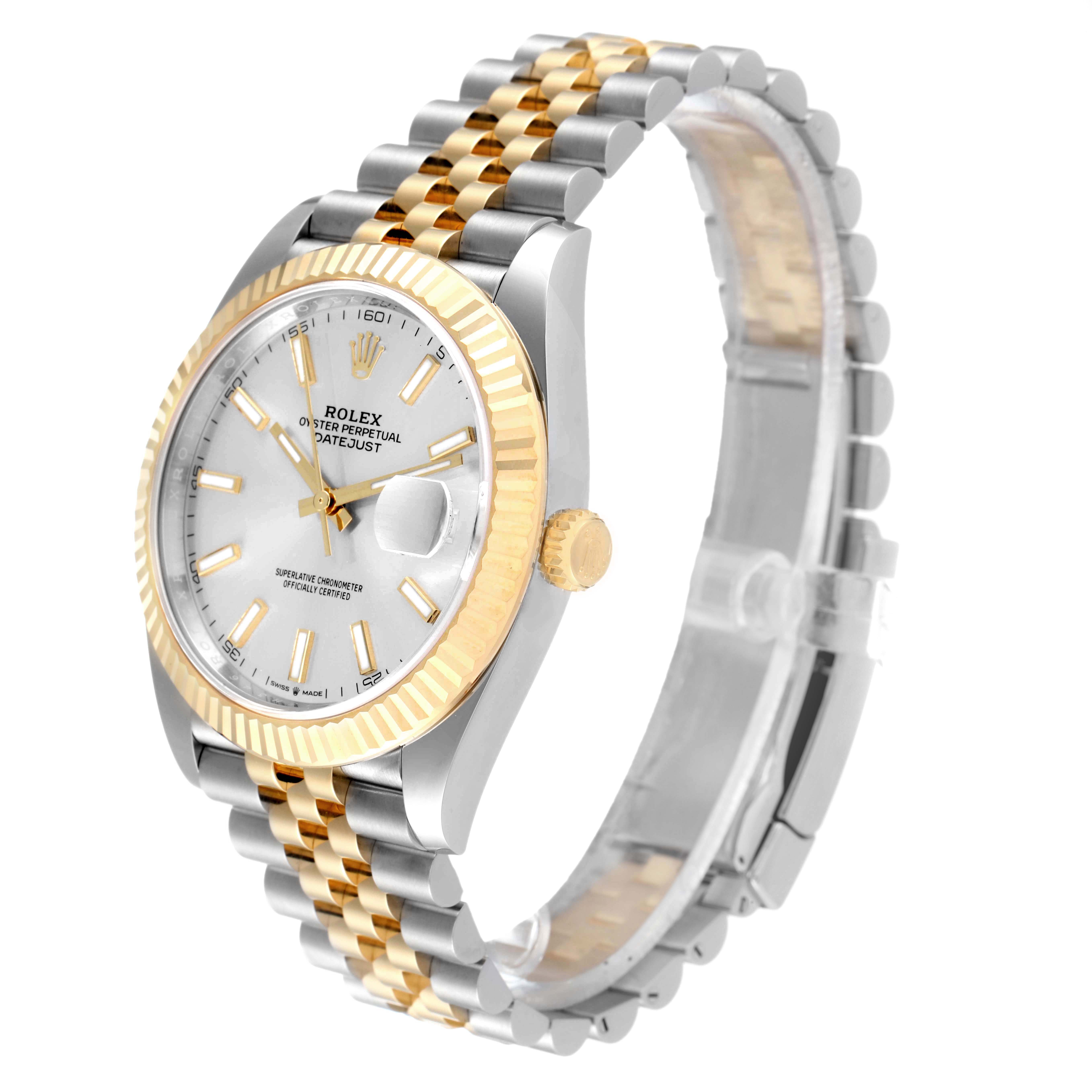This image shows a side angle of the Rolex Datejust 41 126333 Men
s Steel and Gold (two tone) Silver Dial 126333 Men
s Steel and Gold (two tone) Silver Dial model watch, featuring the dial, bezel, and two-tone bracelet.
