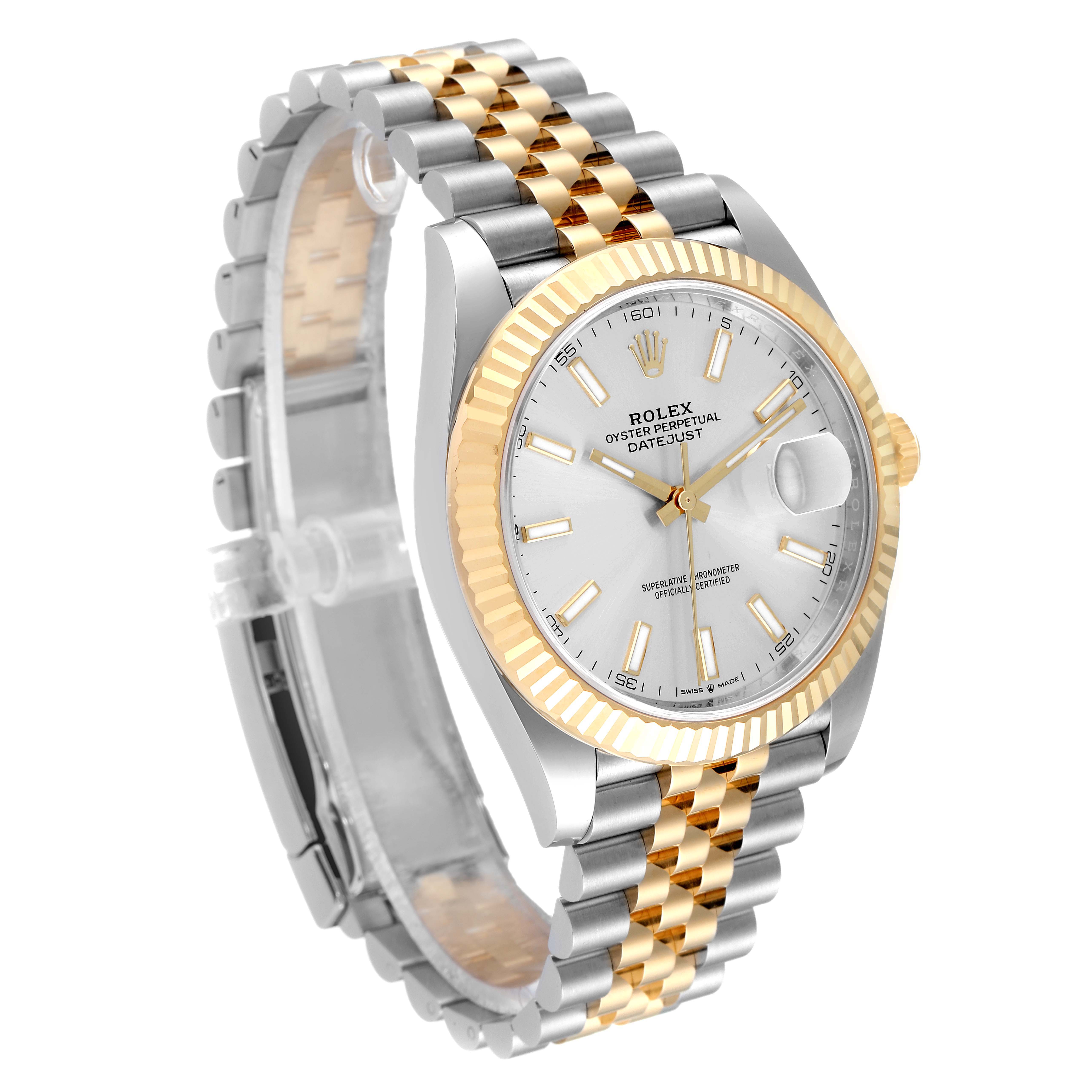 The image shows a three-quarter view of a Rolex Datejust 41 126333 Men
s Steel and Gold (two tone) Silver Dial 126333 Men
s Steel and Gold (two tone) Silver Dial watch, highlighting its dial, bezel, and bracelet.