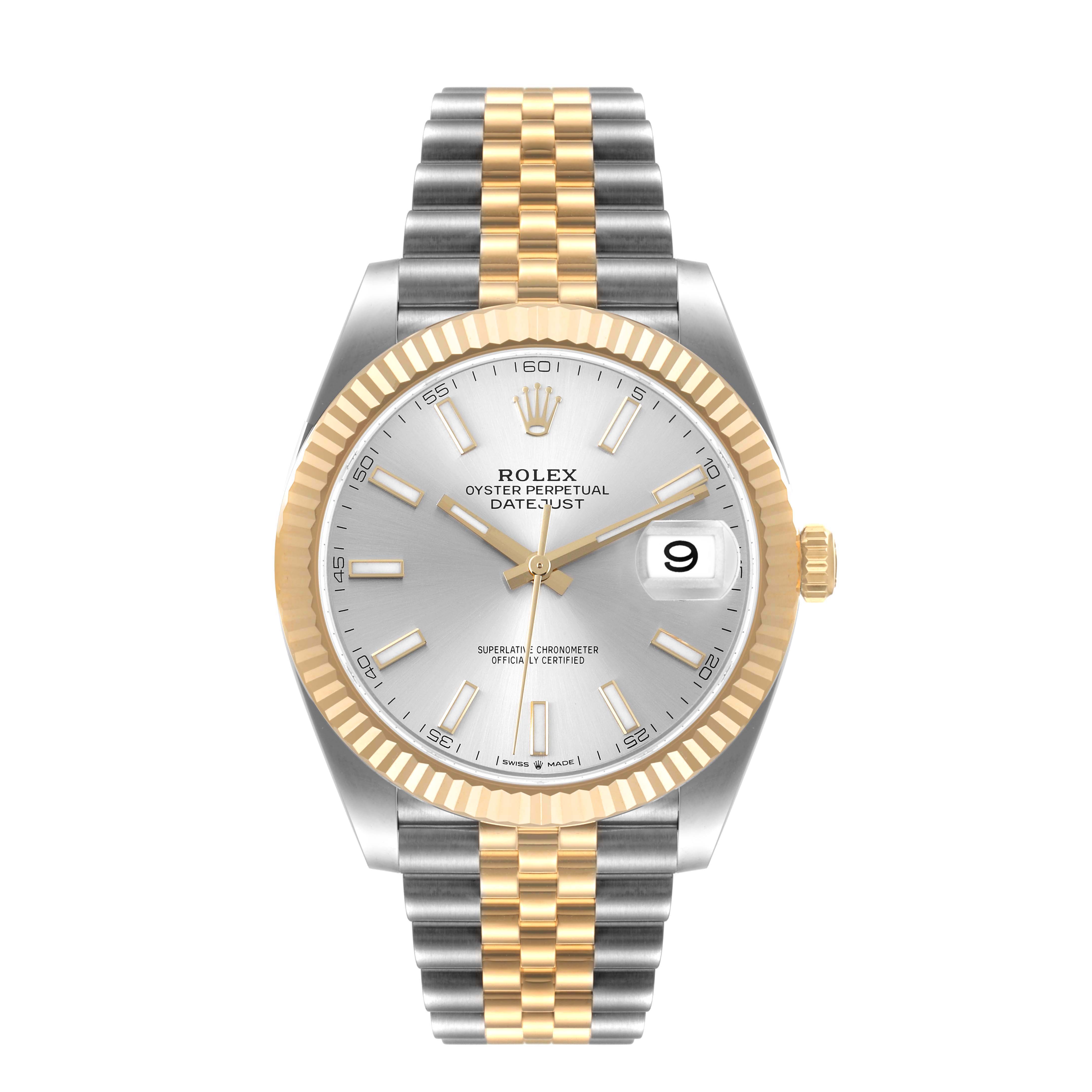 The Rolex Datejust 41 126333 Men
s Steel and Gold (two tone) Silver Dial 126333 Men
s Steel and Gold (two tone) Silver Dial model is shown from a front angle, highlighting its two-tone bracelet, fluted bezel, and date window.