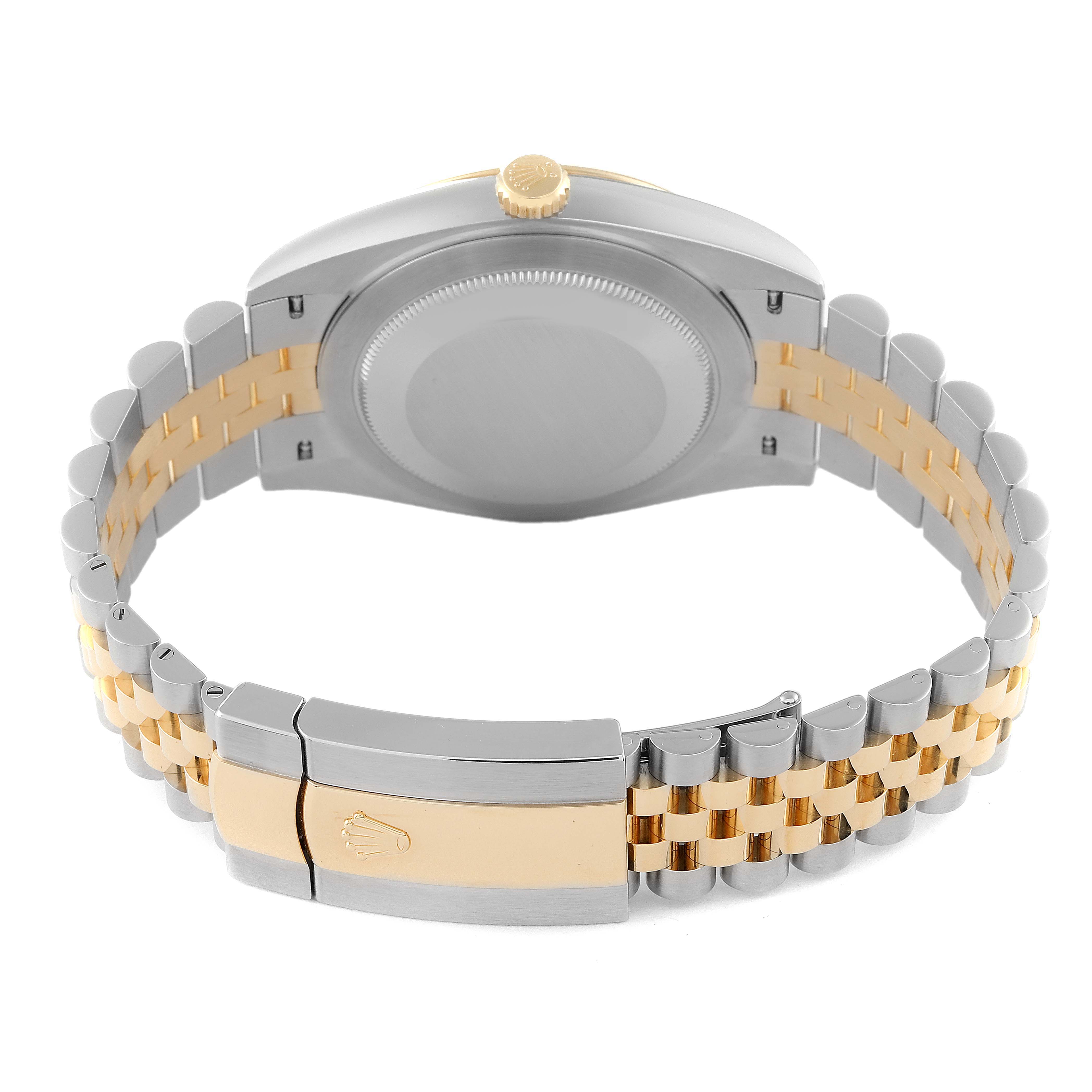 The image shows the back view of a Rolex Datejust 41 126333 Men
s Steel and Gold (two tone) Silver Dial 126333 Men
s Steel and Gold (two tone) Silver Dial watch, highlighting its case back, crown, and two-tone bracelet clasp.
