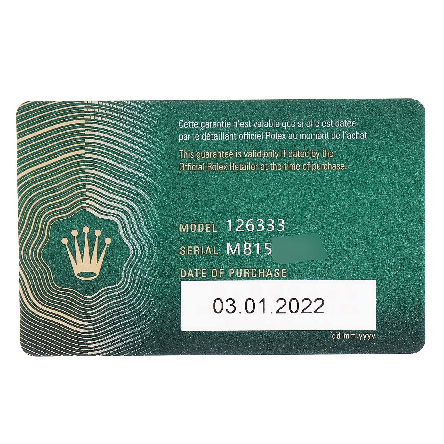 This is the guarantee card for a Rolex Datejust 41 126333 Men
s Steel and Gold (two tone) Silver Dial 126333 Men
s Steel and Gold (two tone) Silver Dial model, showing the model number, serial number, and date of purchase.