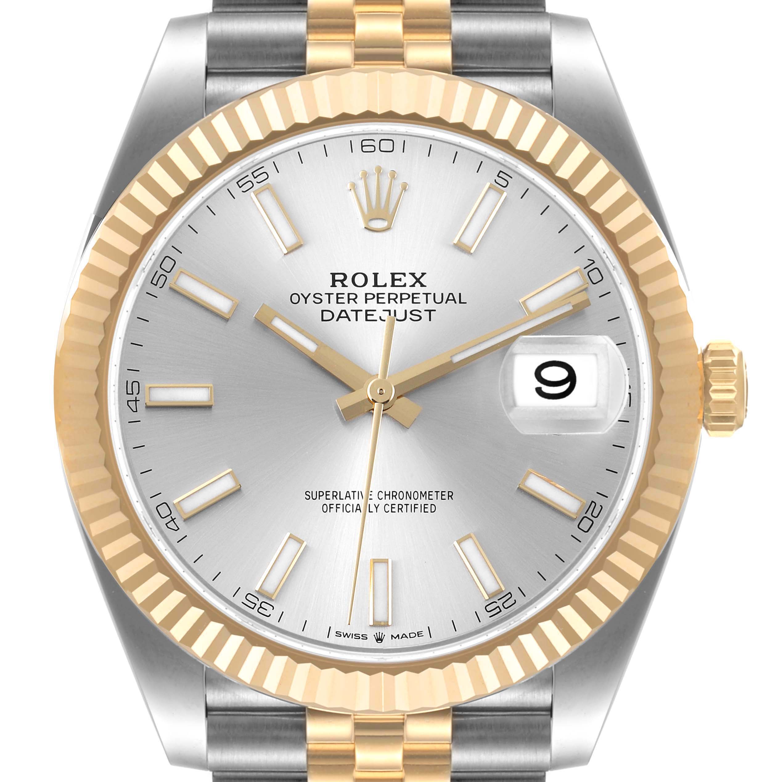 The image shows a frontal view of the Rolex Datejust 41 126333 Men
s Steel and Gold (two tone) Silver Dial 126333 Men
s Steel and Gold (two tone) Silver Dial watch, highlighting its dial, markers, hands, date window, and two-tone bezel and band.