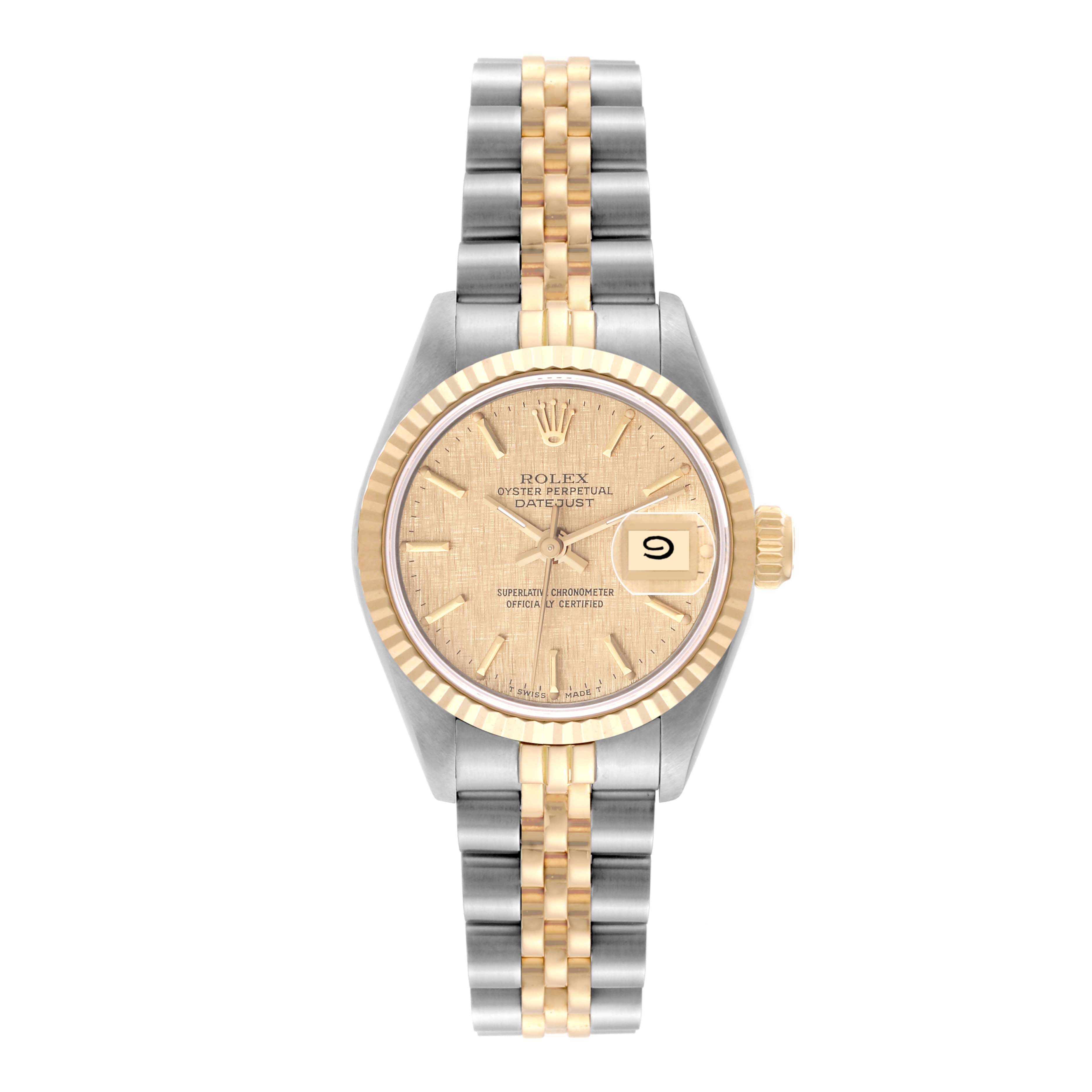 This is a frontal view of a Rolex Datejust 69173 Women's Steel and Gold (two tone) Champagne Dial 69173 Women's Steel and Gold (two tone) Champagne Dial watch, showing the face, bezel, and jubilee bracelet.
