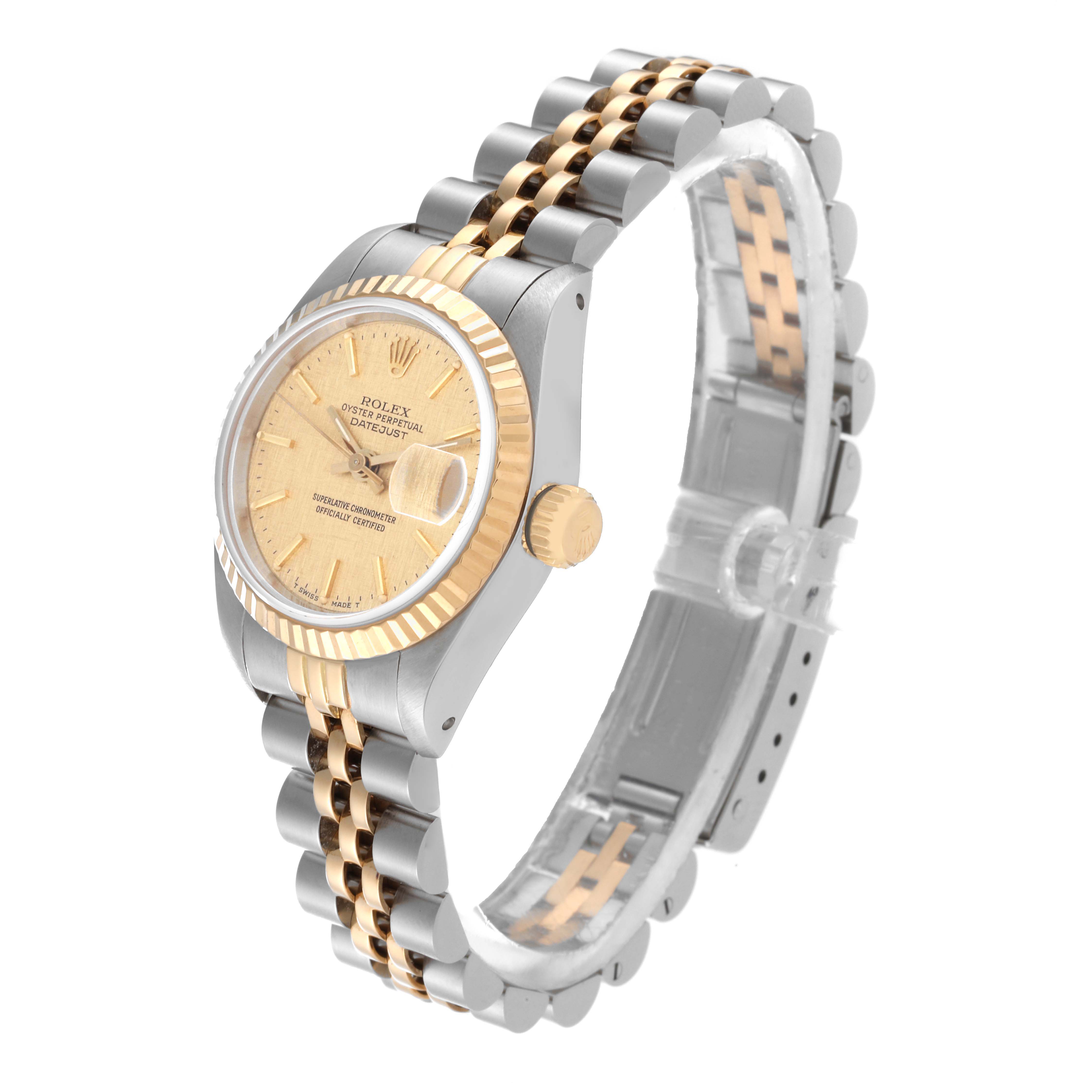 The image shows a side angle view of a Rolex Datejust 69173 Women's Steel and Gold (two tone) Champagne Dial 69173 Women's Steel and Gold (two tone) Champagne Dial watch, highlighting its bezel, face, crown, and two-tone bracelet.