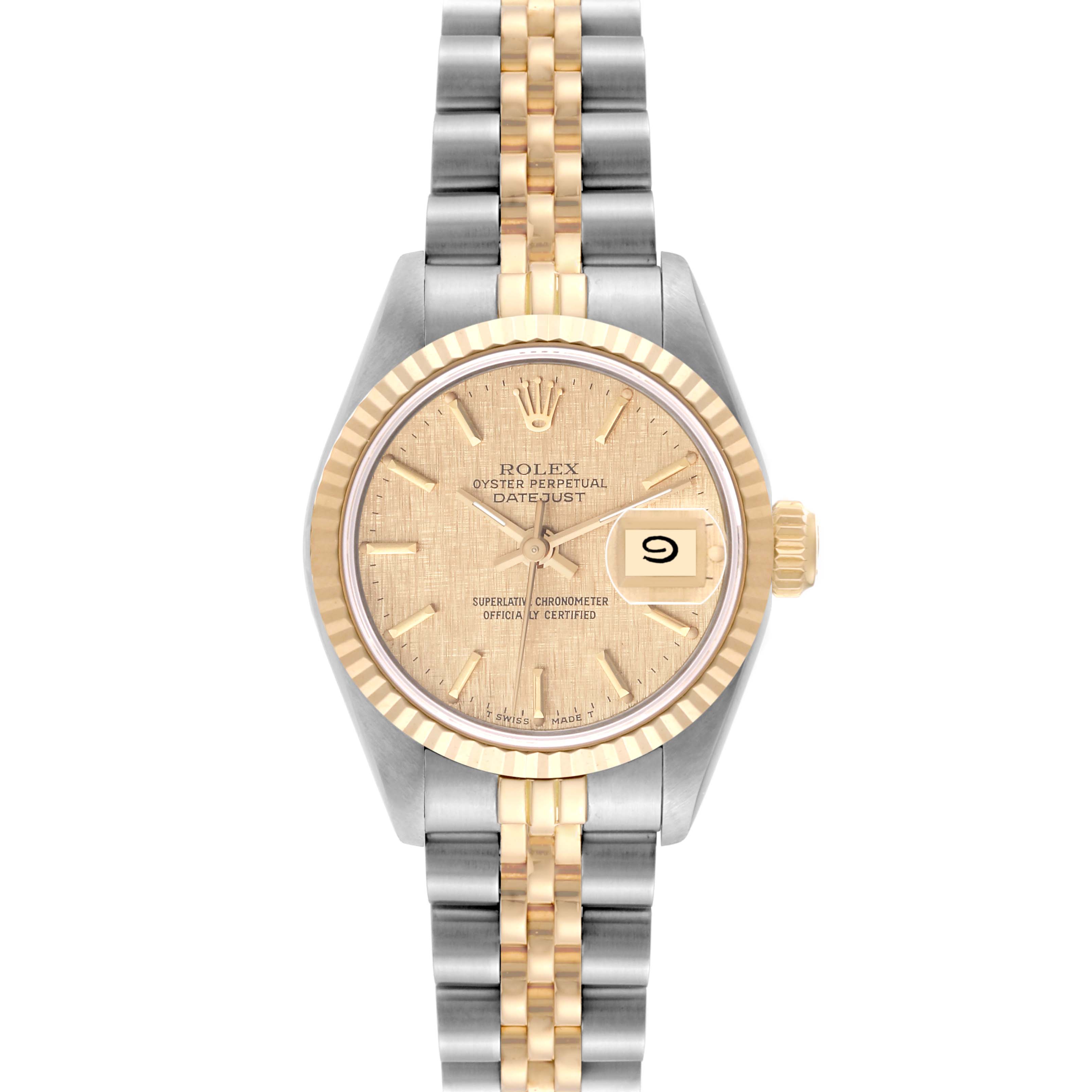 This image displays a frontal view of a Rolex Datejust 69173 Women's Steel and Gold (two tone) Champagne Dial 69173 Women's Steel and Gold (two tone) Champagne Dial watch, showcasing its dial, bezel, crown, and two-tone bracelet.