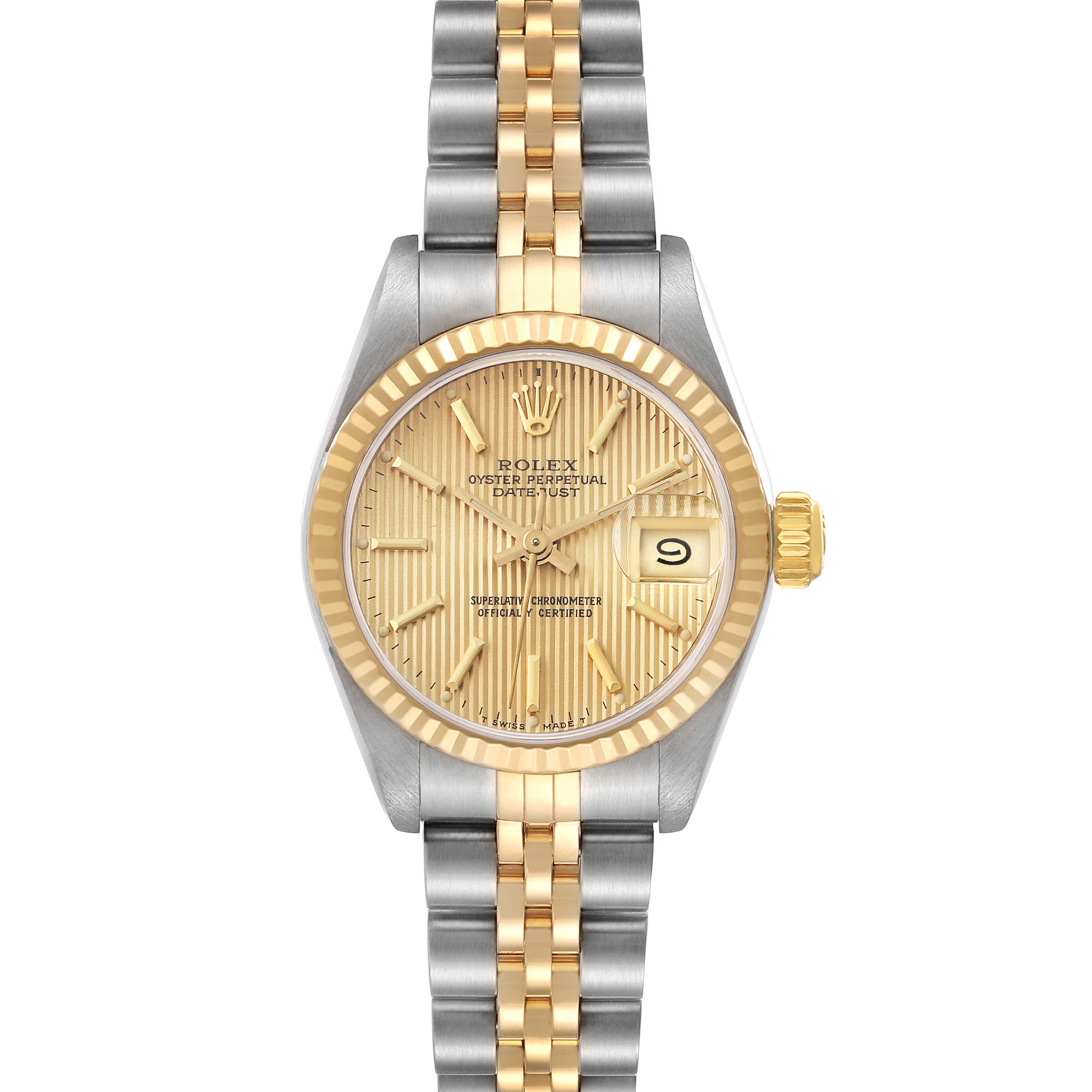 The image shows a front view of a Rolex Datejust 69173 Women's Steel and Gold (two tone) Champagne Dial 69173 Women's Steel and Gold (two tone) Champagne Dial watch, highlighting the gold and silver bracelet, dial, and fluted bezel.