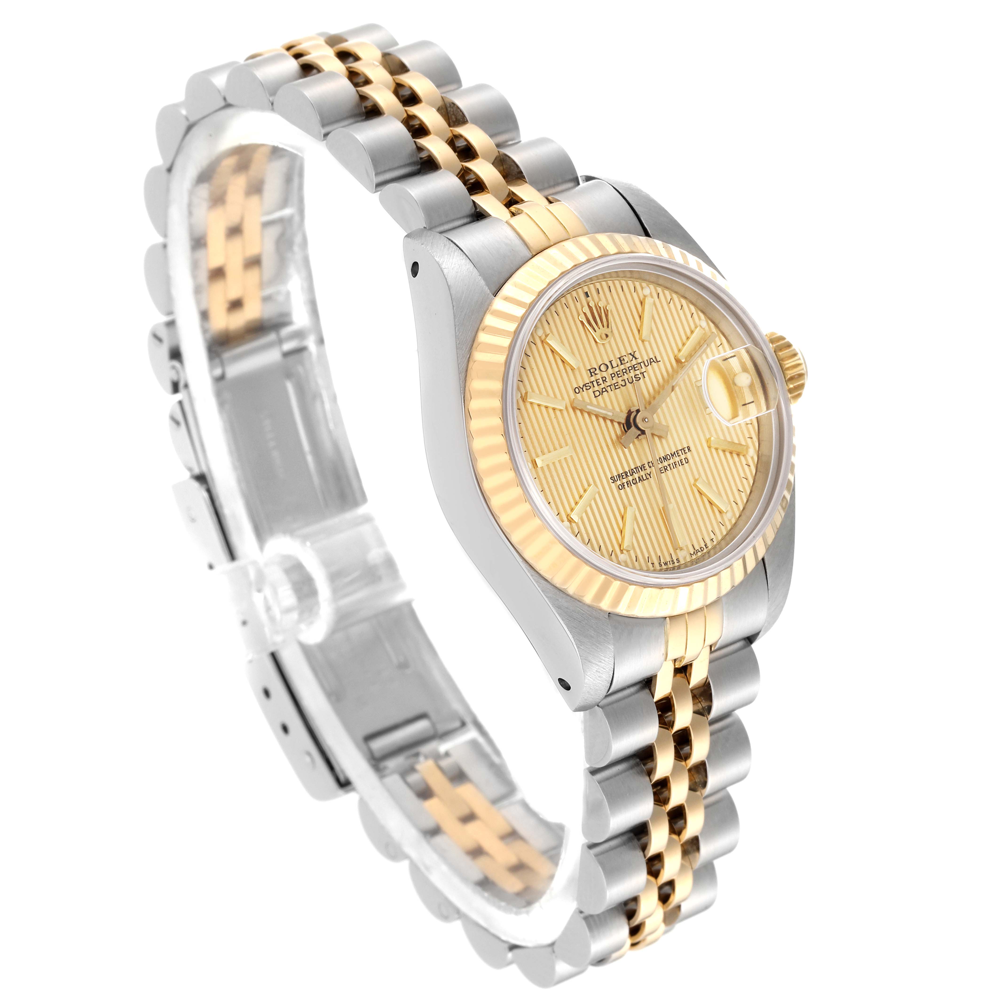 The image shows a Rolex Datejust 69173 Women's Steel and Gold (two tone) Champagne Dial 69173 Women's Steel and Gold (two tone) Champagne Dial watch at an angled side view, highlighting its two-tone bracelet, crown, and dial.