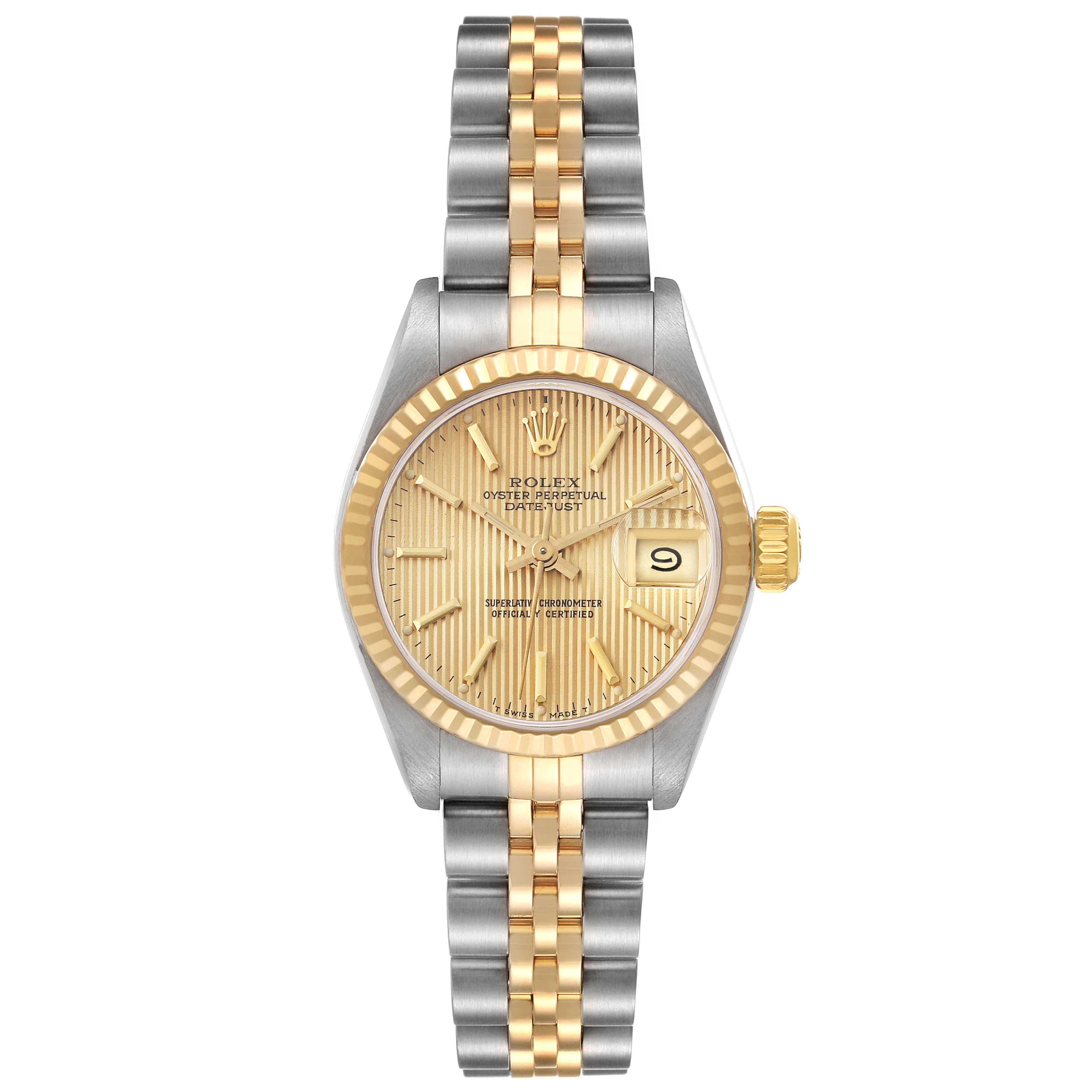 This image shows a Rolex Datejust 69173 Women's Steel and Gold (two tone) Champagne Dial 69173 Women's Steel and Gold (two tone) Champagne Dial watch from the front, highlighting its two-tone bracelet, bezel, and face with a date display.