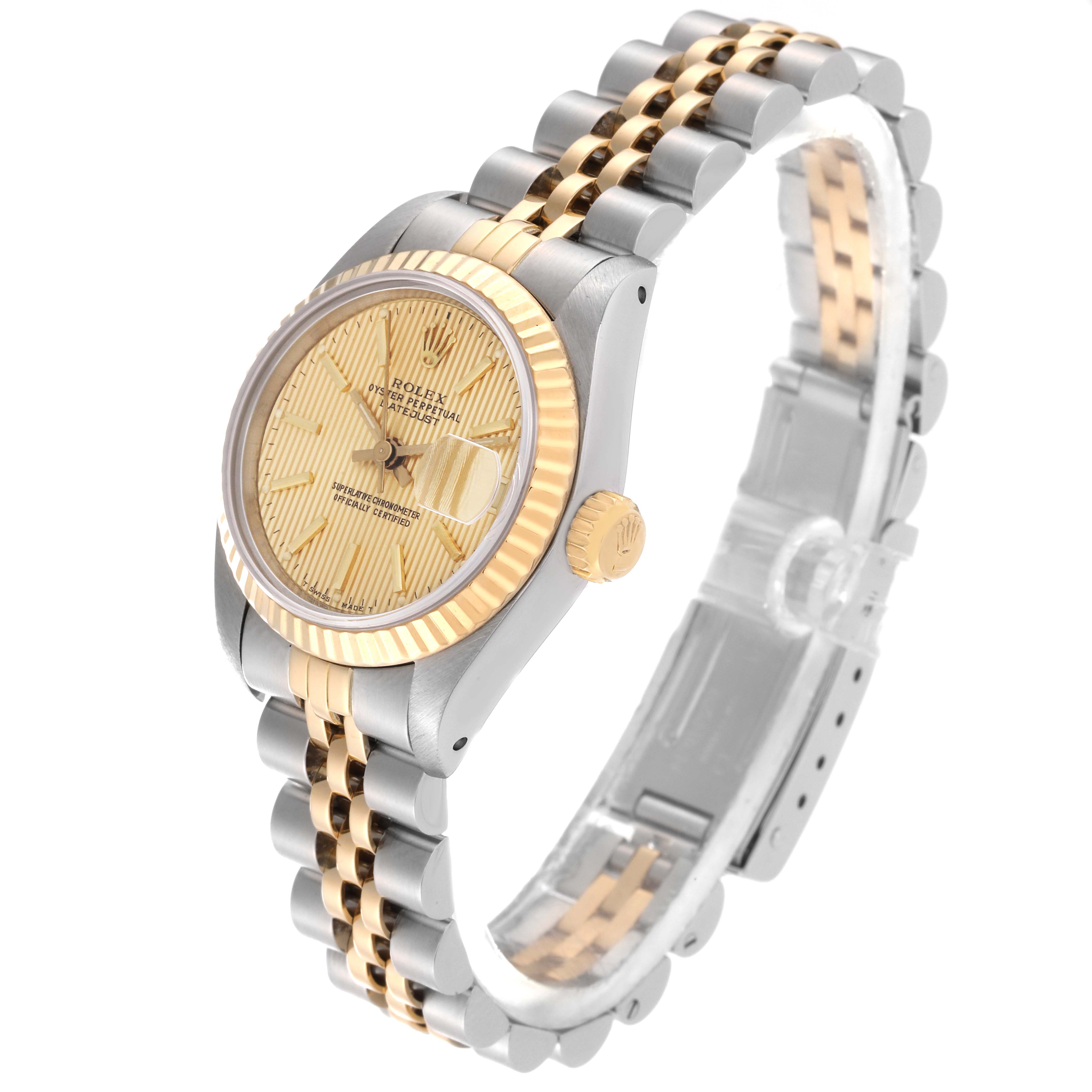 This image shows a side view of a Rolex Datejust 69173 Women's Steel and Gold (two tone) Champagne Dial 69173 Women's Steel and Gold (two tone) Champagne Dial watch, highlighting its gold dial, two-tone bracelet, and fluted bezel.