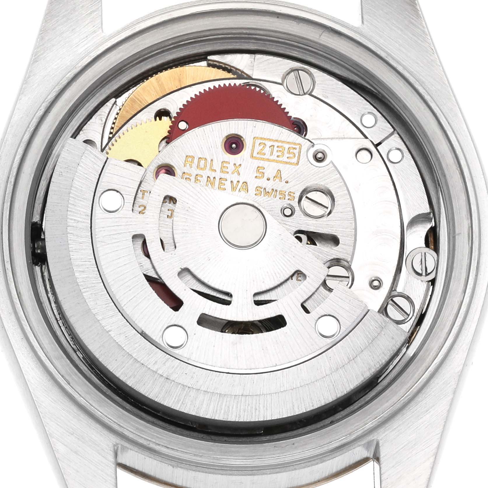 This photo shows the internal movement mechanism of a Rolex Datejust 69173 Women's Steel and Gold (two tone) Champagne Dial 69173 Women's Steel and Gold (two tone) Champagne Dial watch viewed from the back.