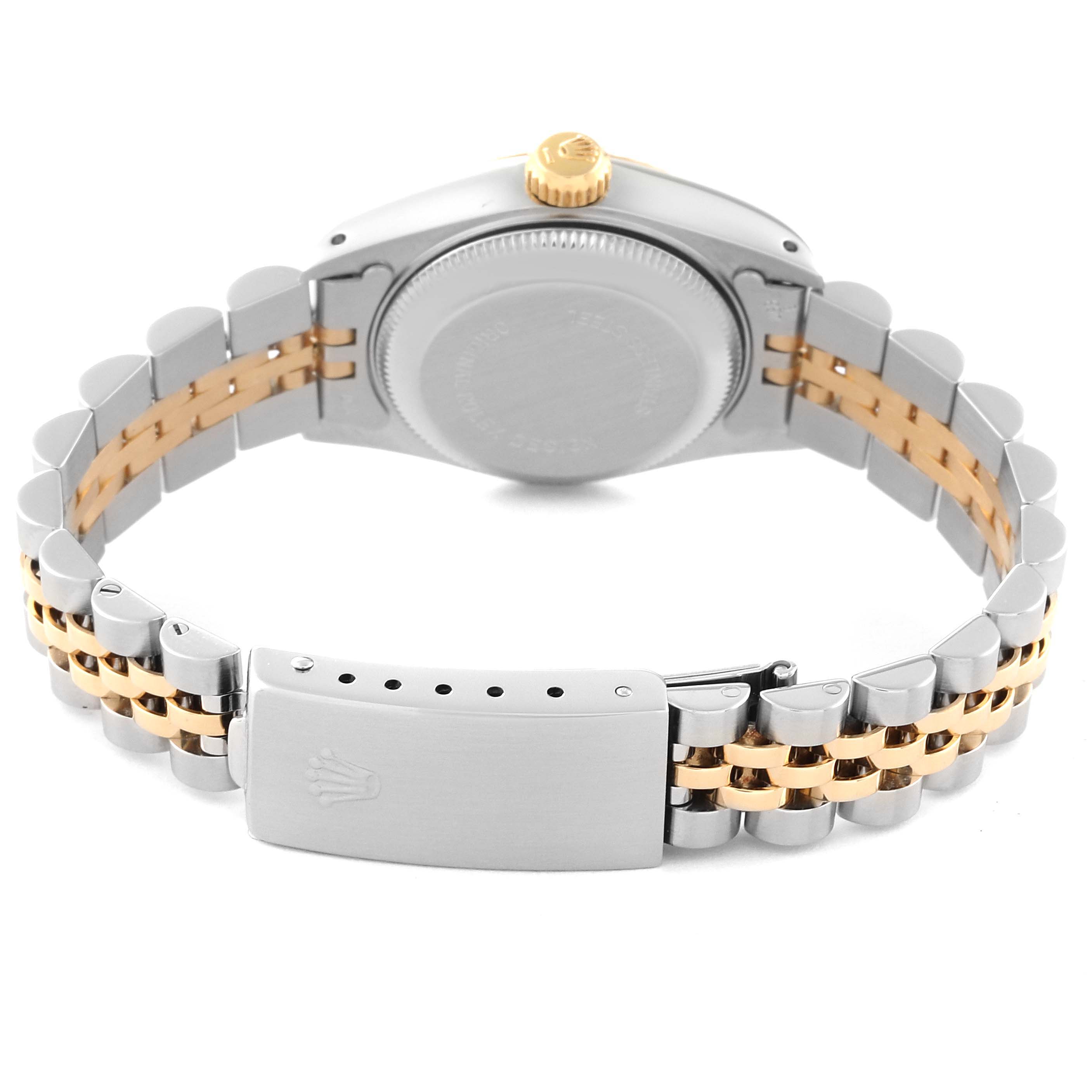 The image shows the back case and bracelet clasp of the Rolex Datejust 69173 Women's Steel and Gold (two tone) Champagne Dial 69173 Women's Steel and Gold (two tone) Champagne Dial watch, showcasing its two-tone metal design.