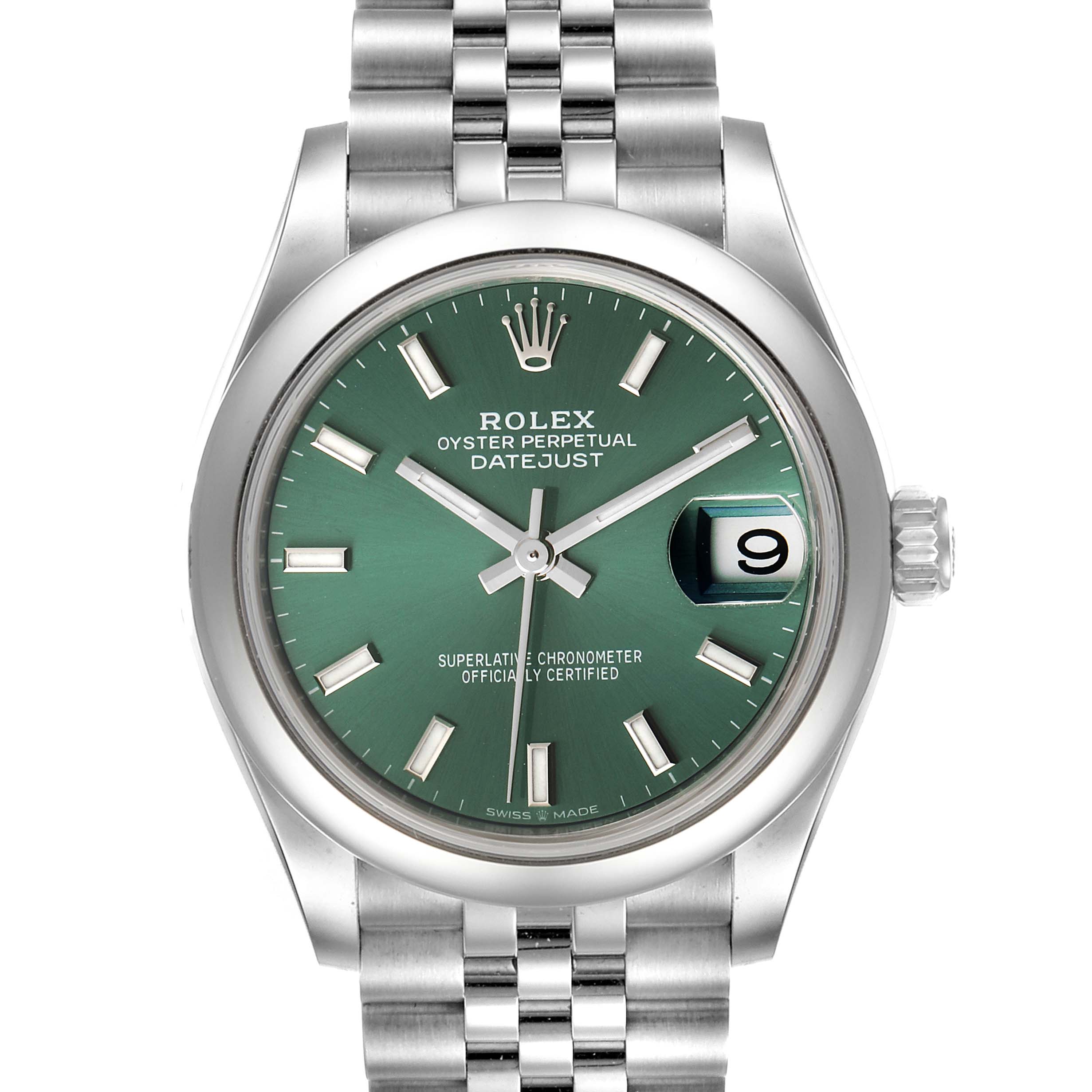 The Rolex Mid-Size 278240 Women's Stainless Steel Green Dial 278240 Women's Stainless Steel Green Dial Datejust watch is shown from a front angle, highlighting the green dial, date window, and stainless steel bracelet.