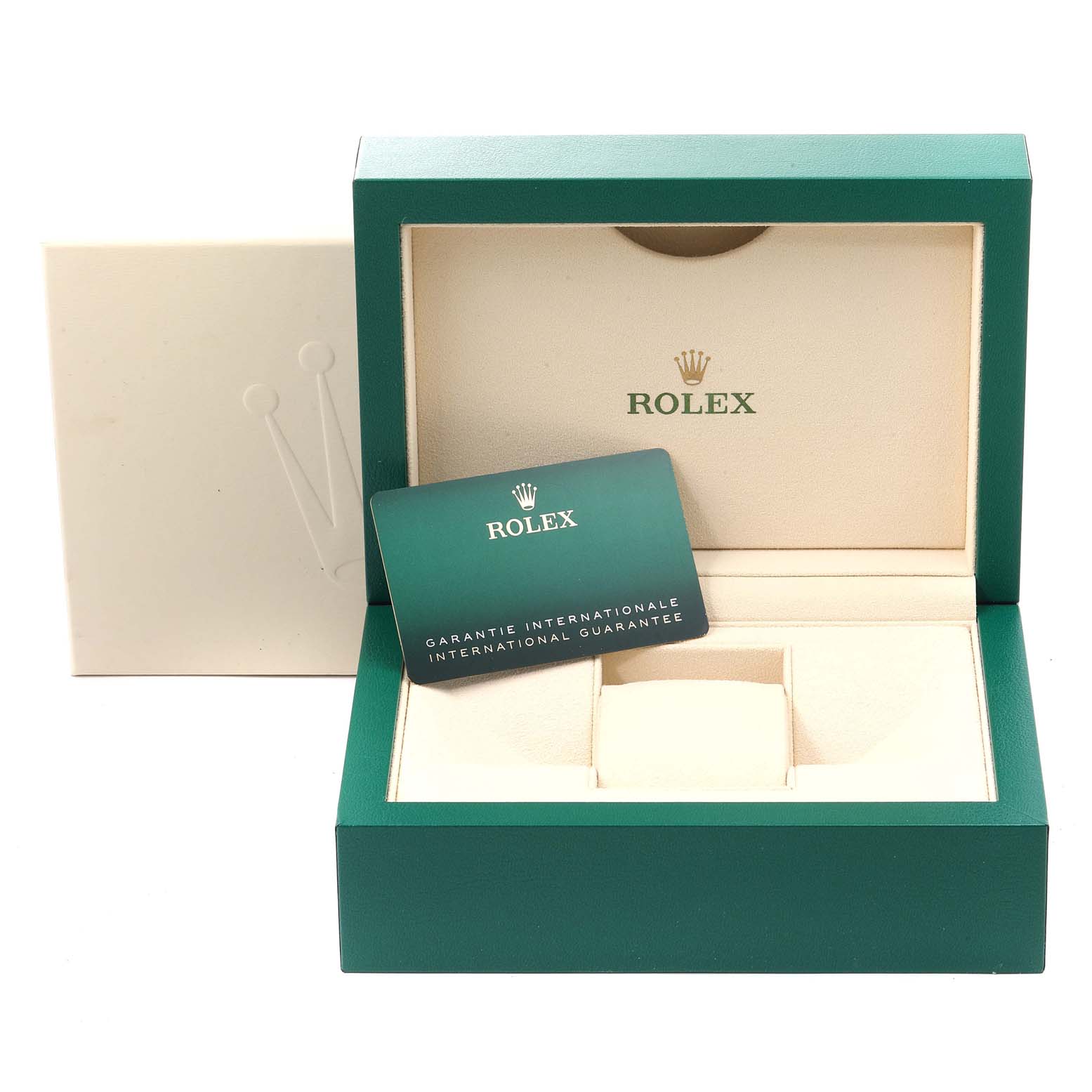 The image shows a Rolex Mid-Size 278240 Women's Stainless Steel Green Dial 278240 Women's Stainless Steel Green Dial model watch box with an international guarantee card inside.