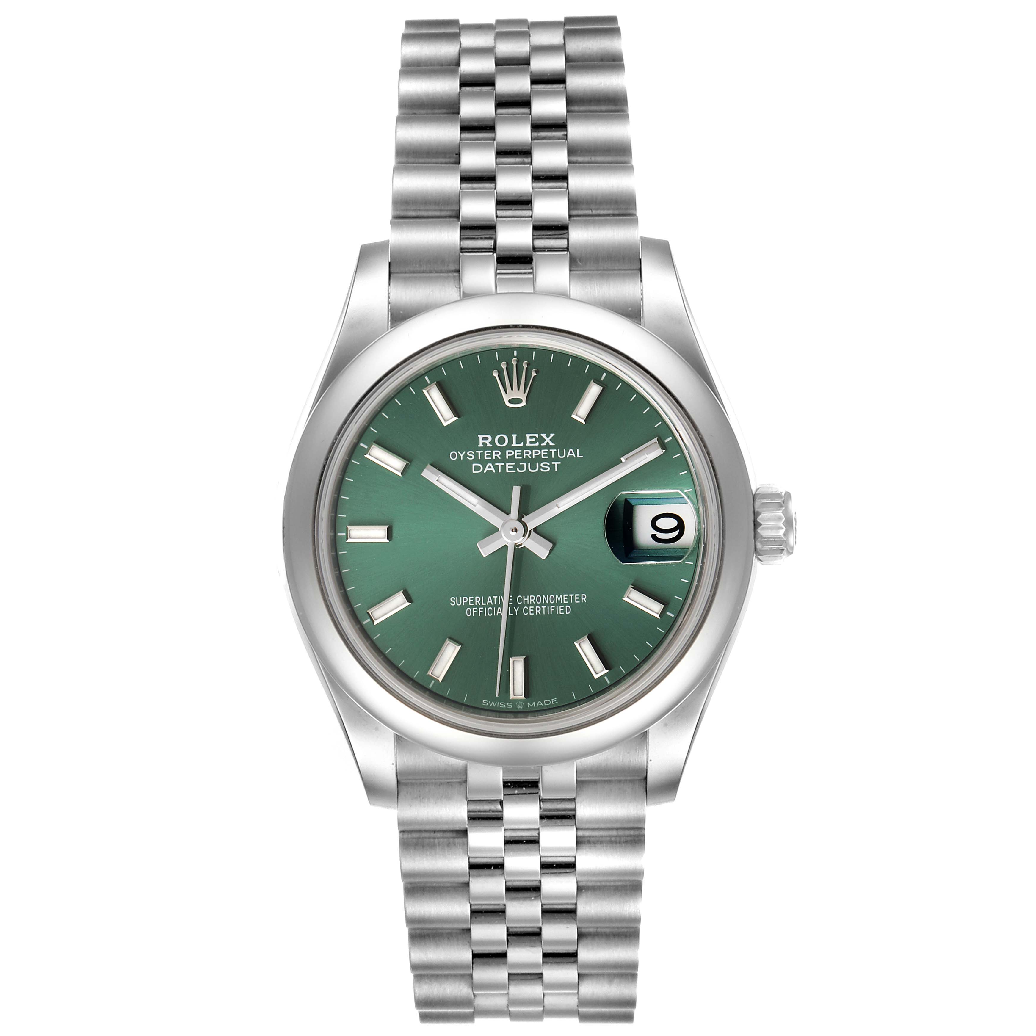 This is a front view of a Mid-Size Rolex Oyster Perpetual Datejust watch, showcasing its green dial and Jubilee bracelet.