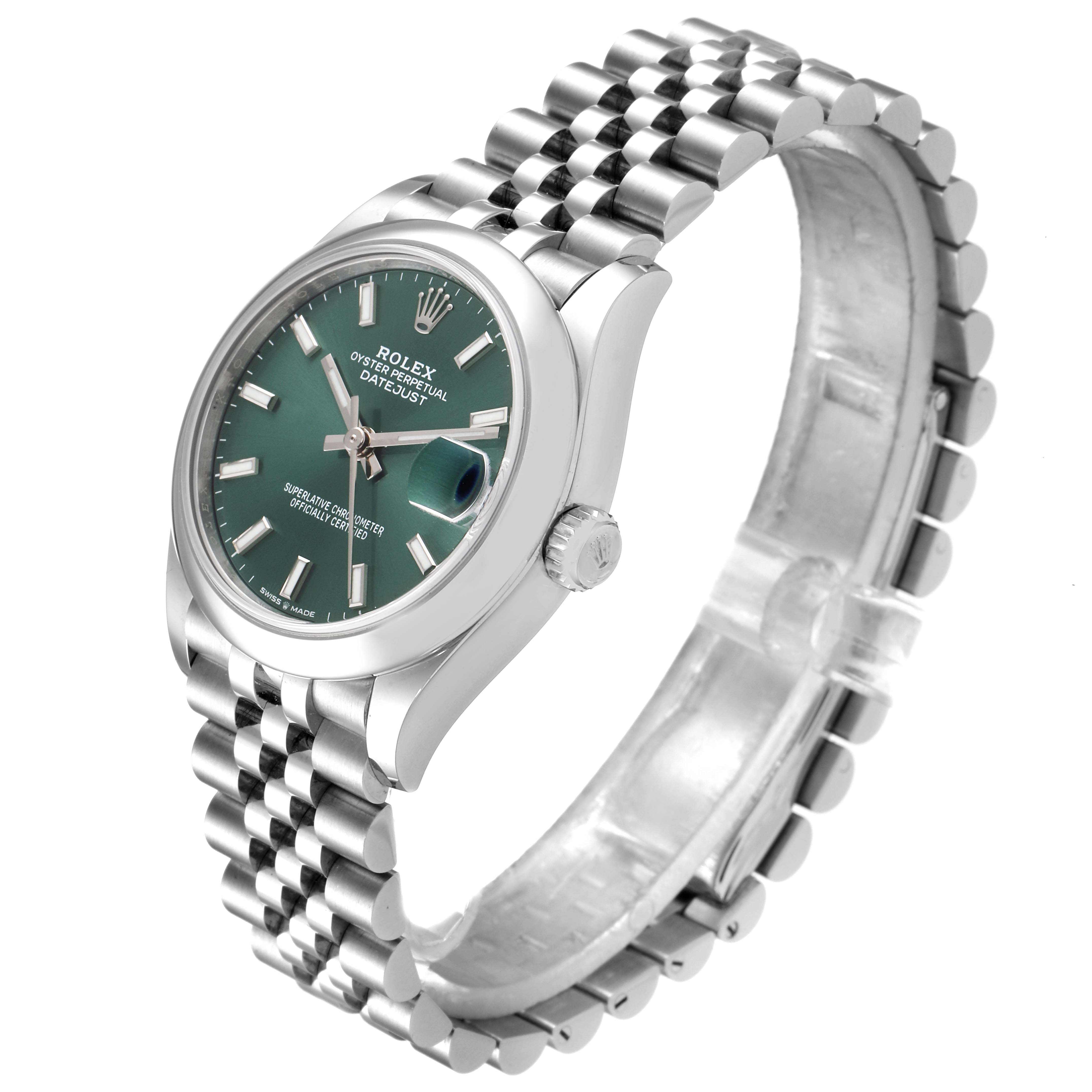 The Rolex Mid-Size 278240 Women's Stainless Steel Green Dial 278240 Women's Stainless Steel Green Dial watch is shown at a slight side angle, highlighting its green dial, date display, and metal bracelet.