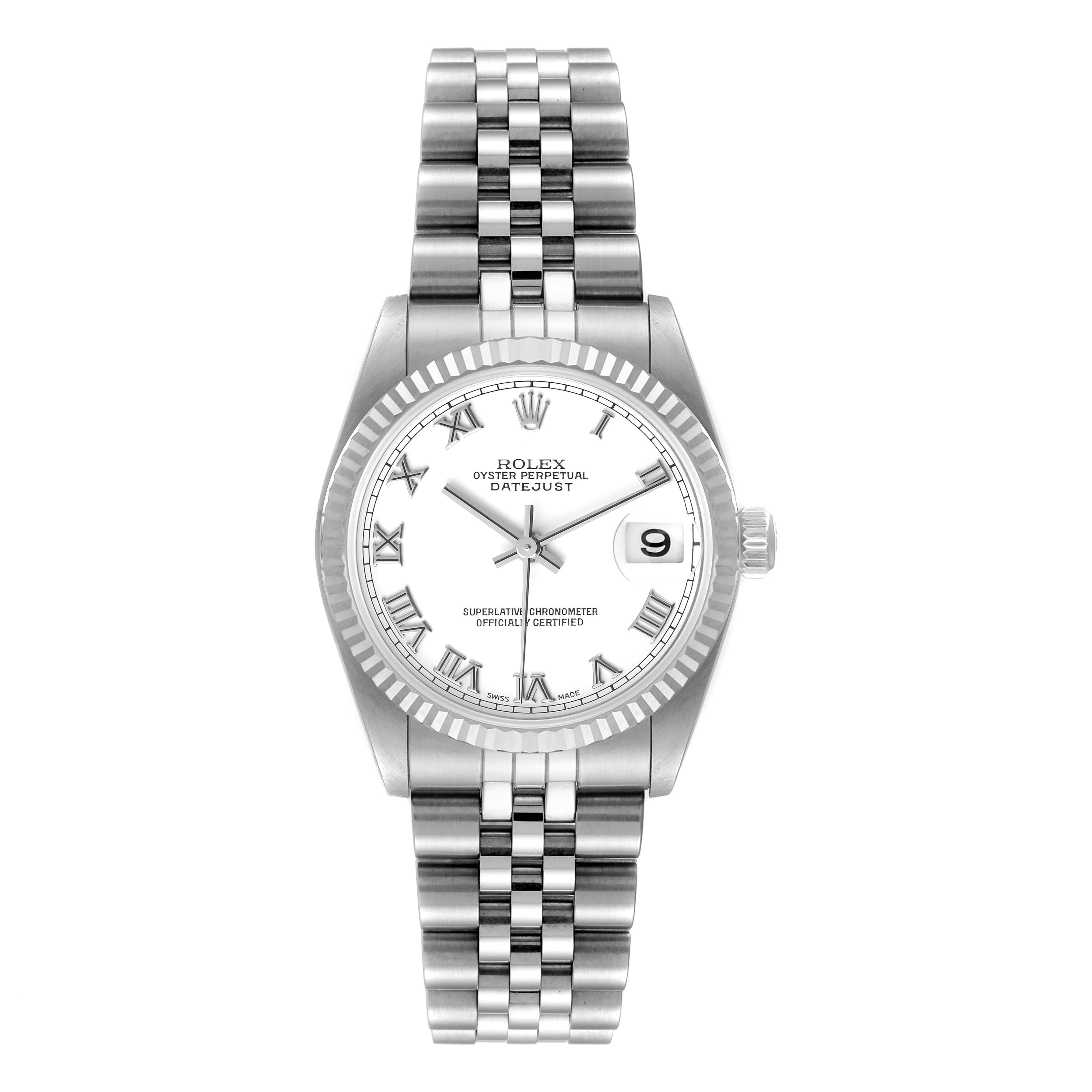 The image shows a front view of a Rolex Oyster Perpetual Datejust Mid-Size model with a white dial and Jubilee bracelet.