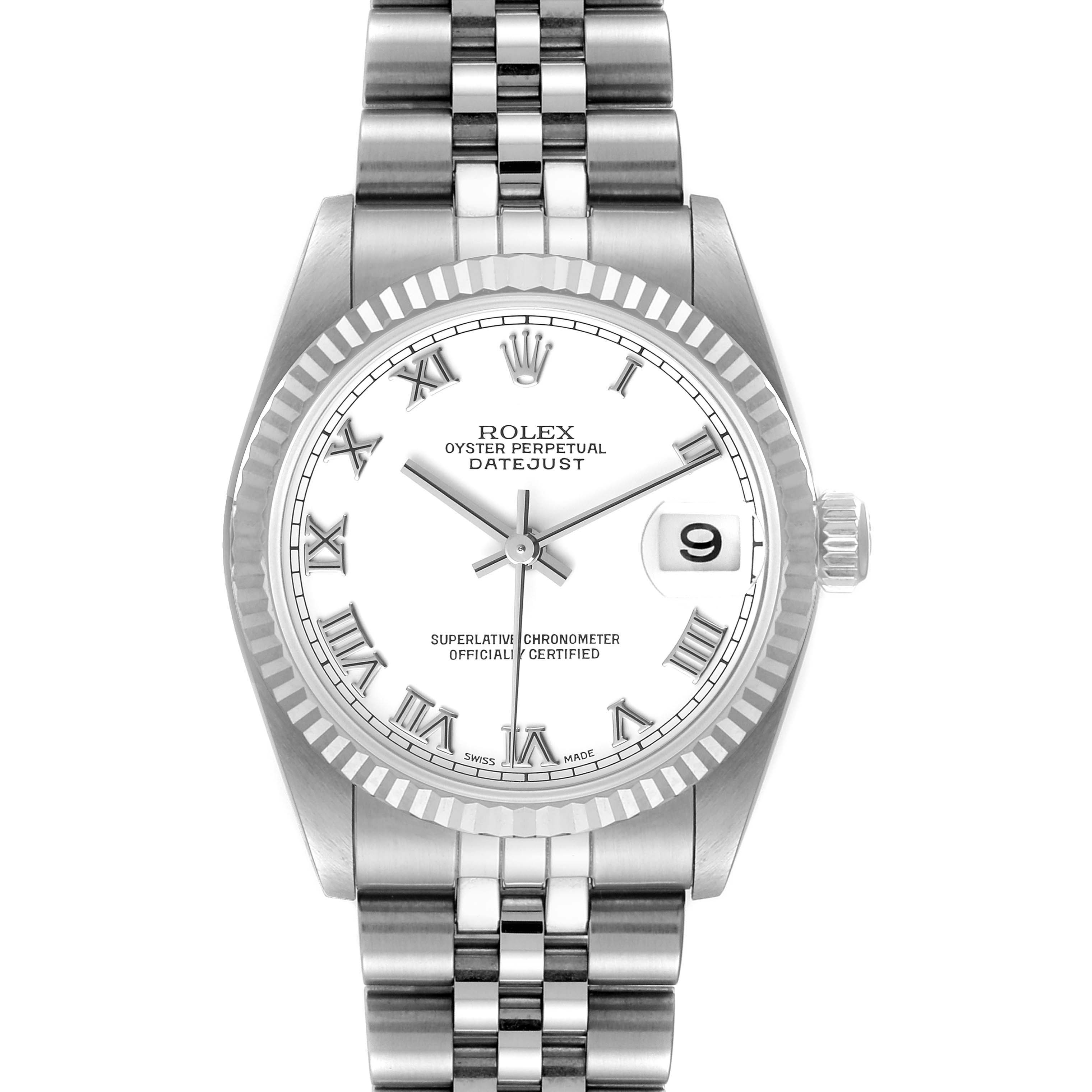 This is a front view of a mid-size Rolex Oyster Perpetual Datejust watch, showing the dial, bracelet, and crown.