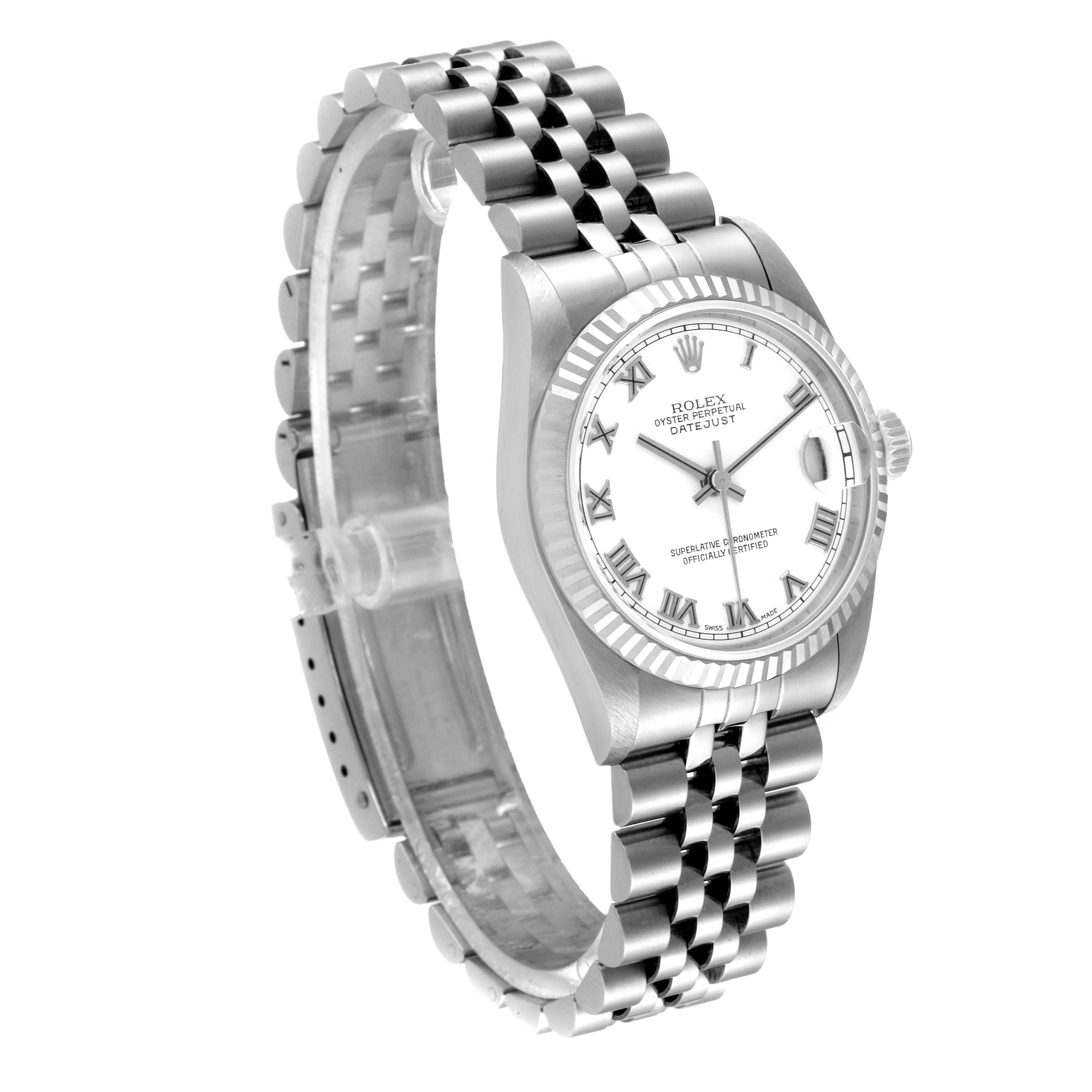 The Mid-Size Rolex watch is shown at an angle revealing the face, bezel, and part of the bracelet.