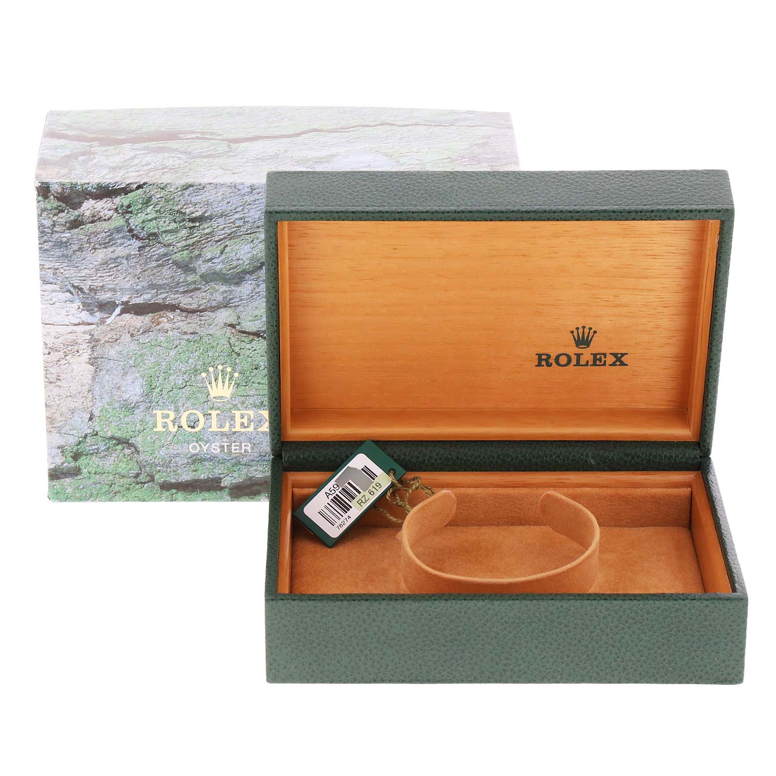 This image shows an open Rolex box for the Mid-Size model, featuring an interior cushion and a hang tag, with the outer box in the background.