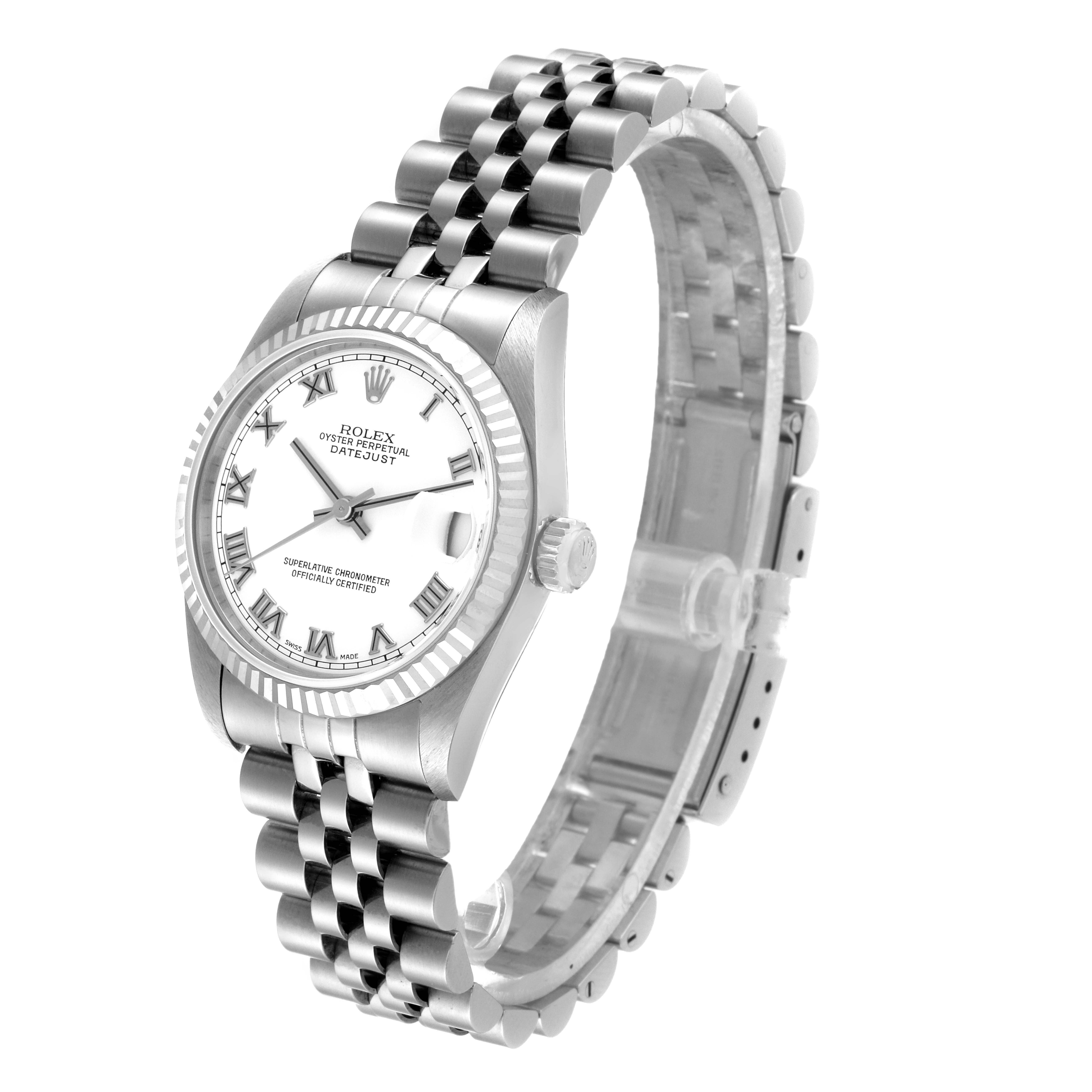 This image shows a Mid-Size Rolex Datejust watch at an angled perspective featuring its bracelet, bezel, and face.