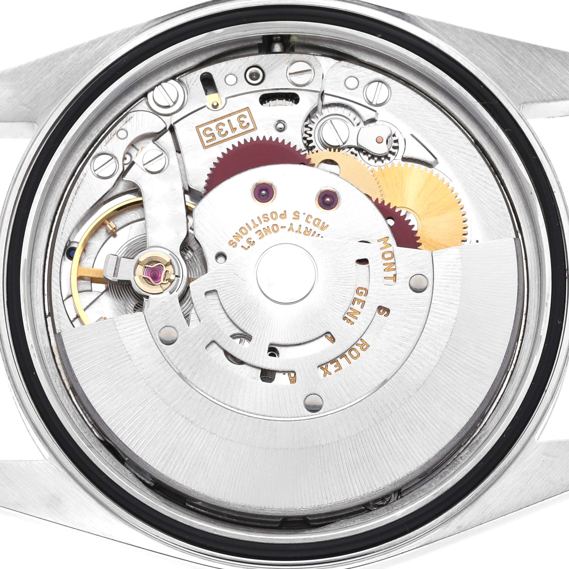This image shows a close-up of the Rolex Datejust 16234 Men's Stainless Steel Silver Dial 16234 Men's Stainless Steel Silver Dial's movement, detailing the intricate inner components.