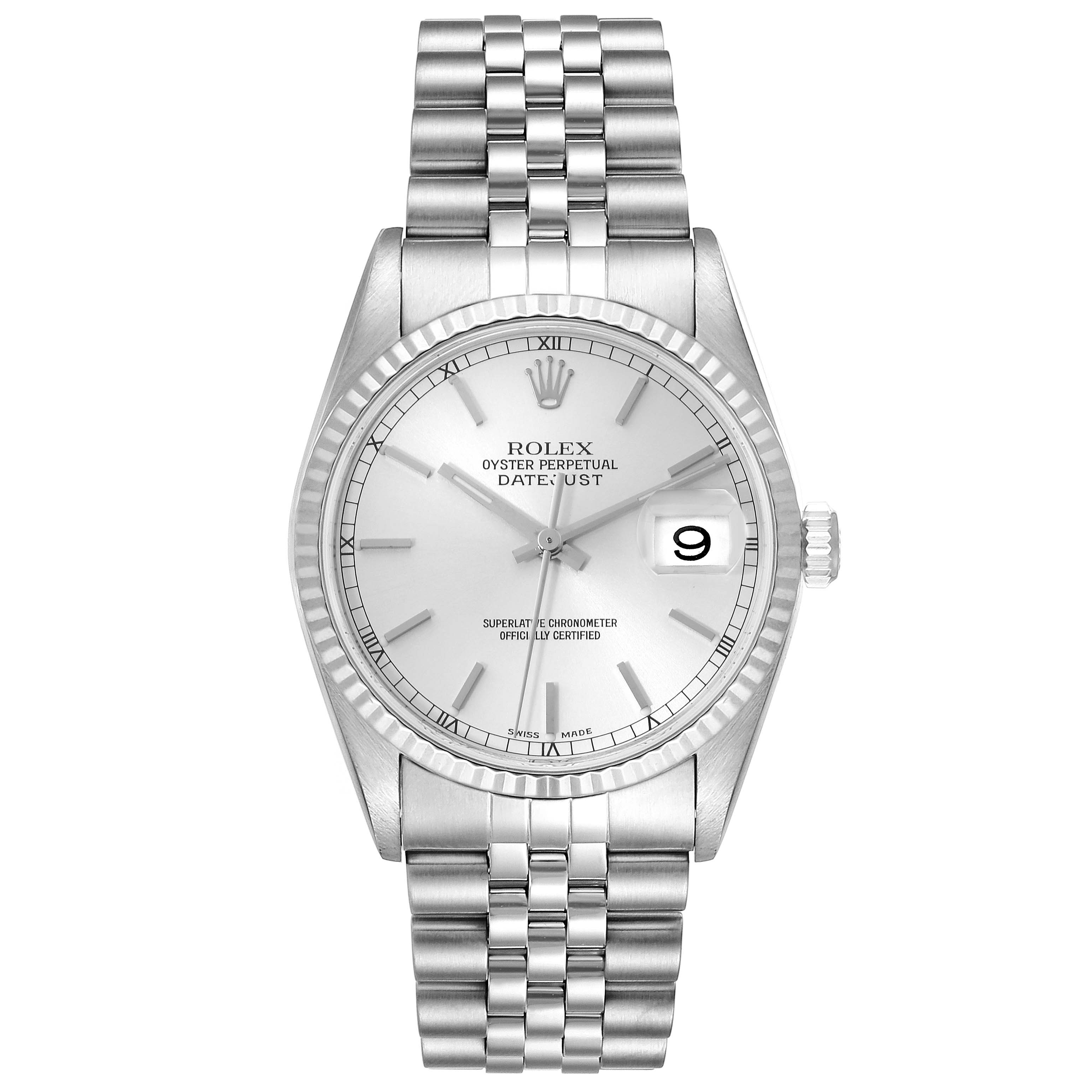 This image shows a front view of the Rolex Datejust 16234 Men's Stainless Steel Silver Dial 16234 Men's Stainless Steel Silver Dial watch, displaying its dial, hour markers, hands, bezel, date magnifier, and bracelet.