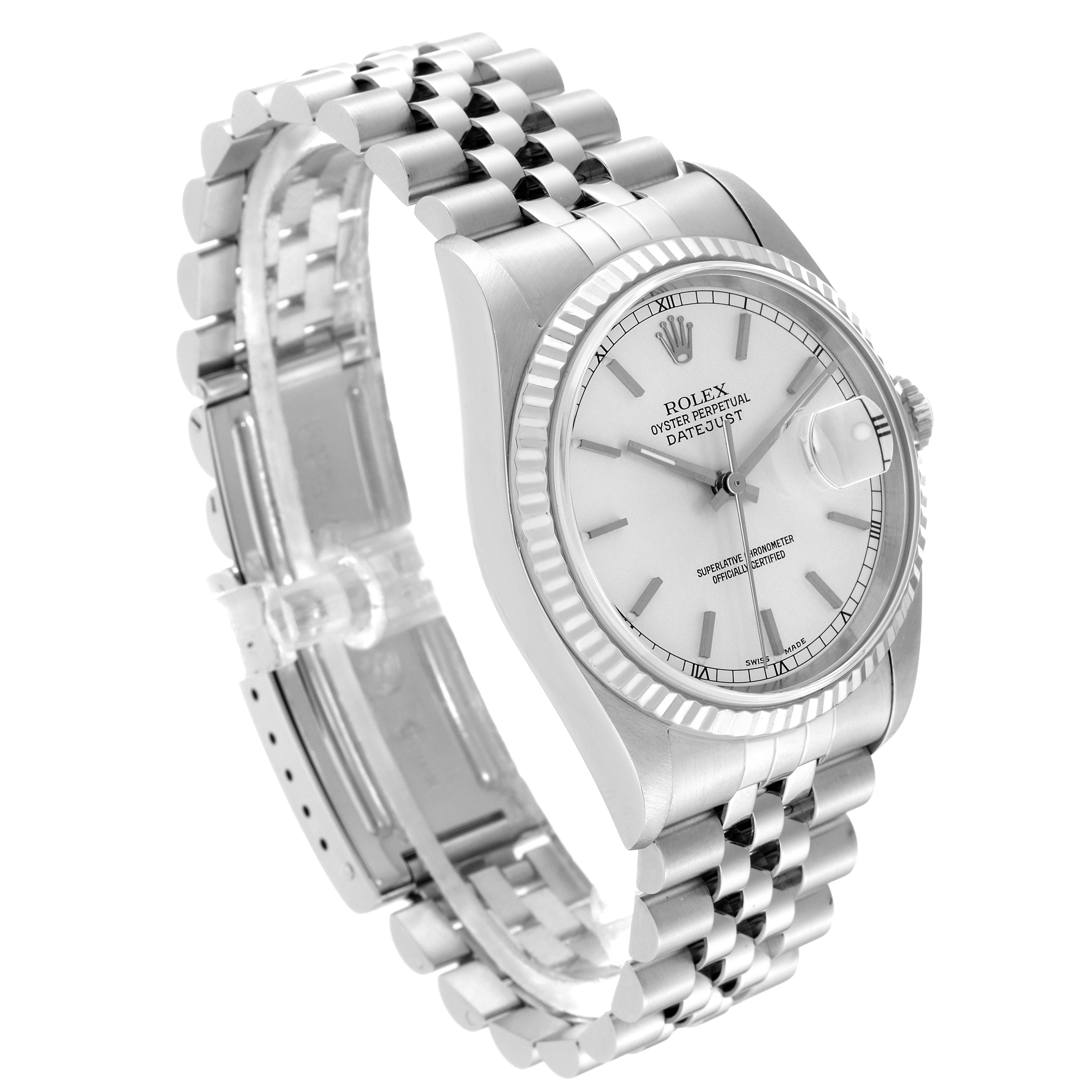 The image shows a side angle view of a Rolex Datejust 16234 Men's Stainless Steel Silver Dial 16234 Men's Stainless Steel Silver Dial watch, emphasizing the bracelet, case, bezel, and dial.