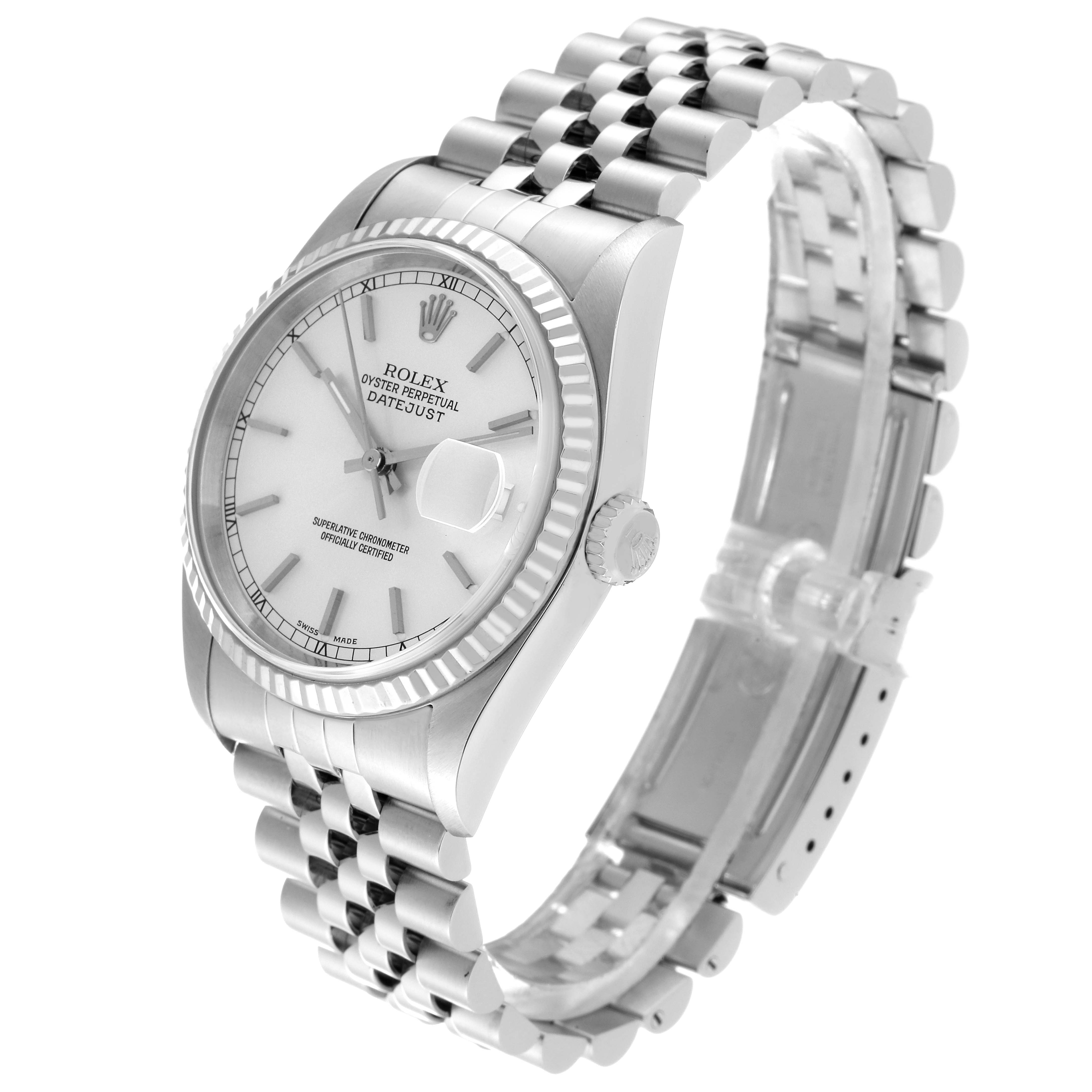 The image shows a Rolex Datejust 16234 Men's Stainless Steel Silver Dial 16234 Men's Stainless Steel Silver Dial watch angled from the side, displaying the case, bezel, dial, and bracelet.