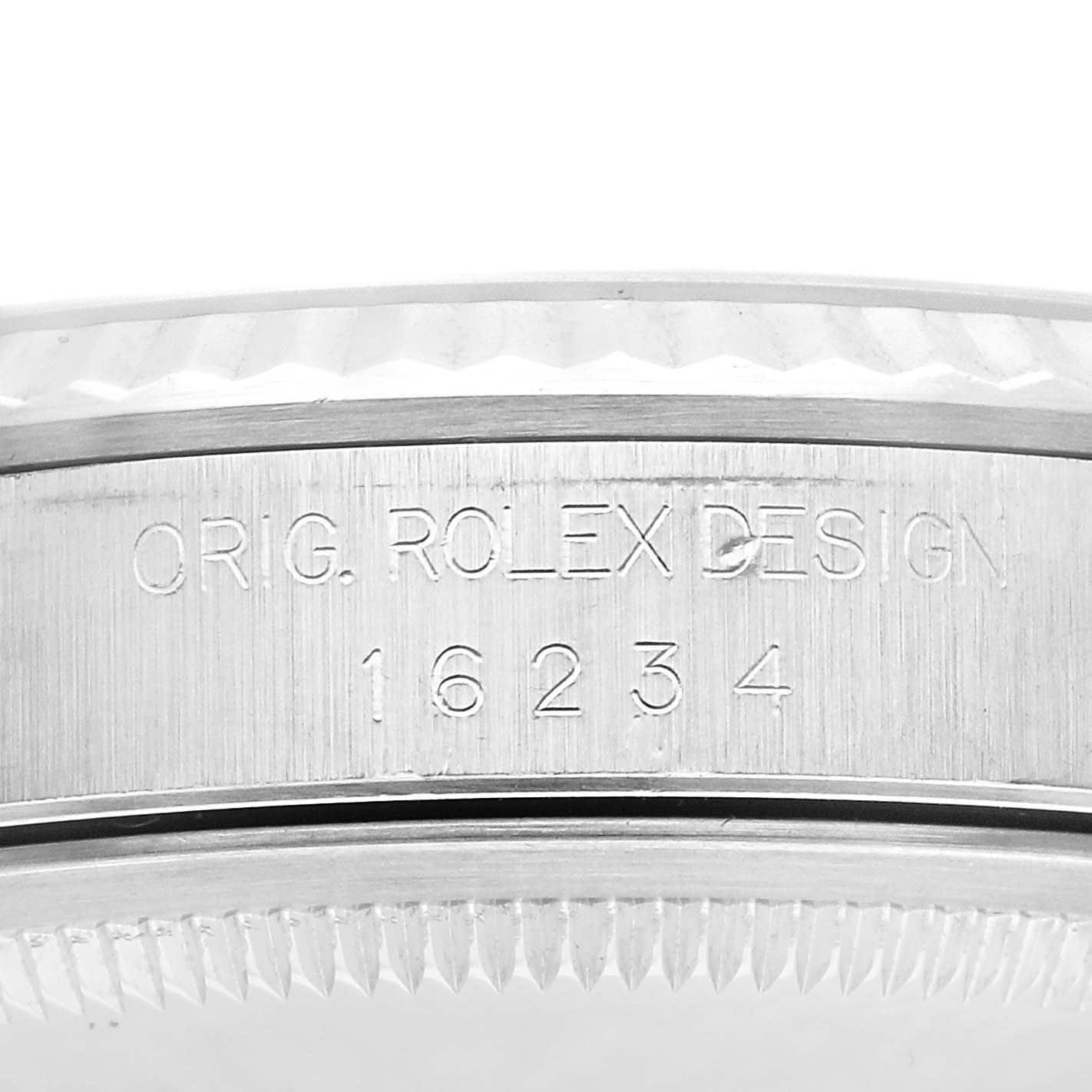 This image shows a side view of a Rolex Datejust 16234 Men's Stainless Steel Silver Dial 16234 Men's Stainless Steel Silver Dial watch case, highlighting the engraved model number 16234.