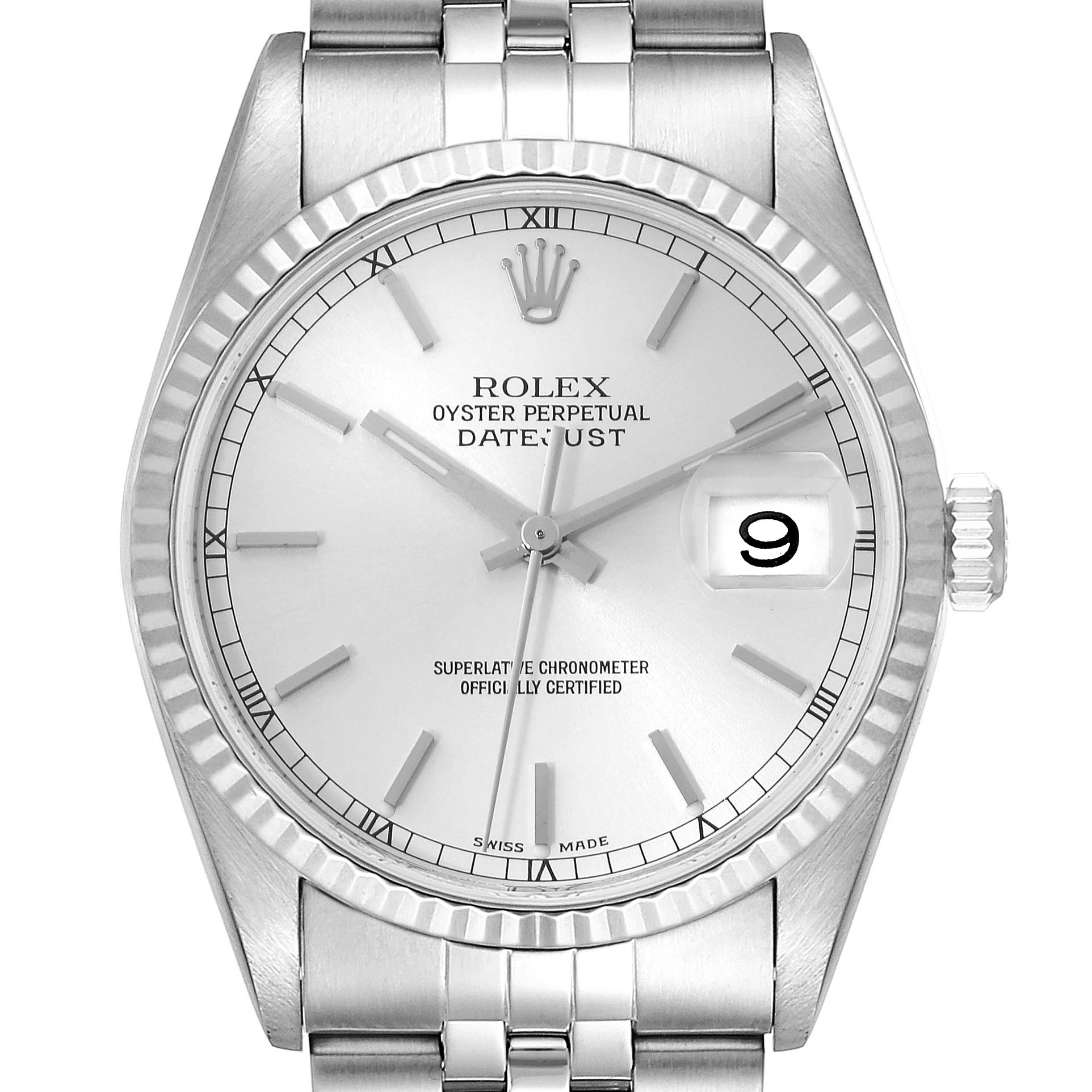 The image shows a front view of the Rolex Datejust 16234 Men's Stainless Steel Silver Dial 16234 Men's Stainless Steel Silver Dial model, highlighting the dial, bezel, crown, and bracelet.