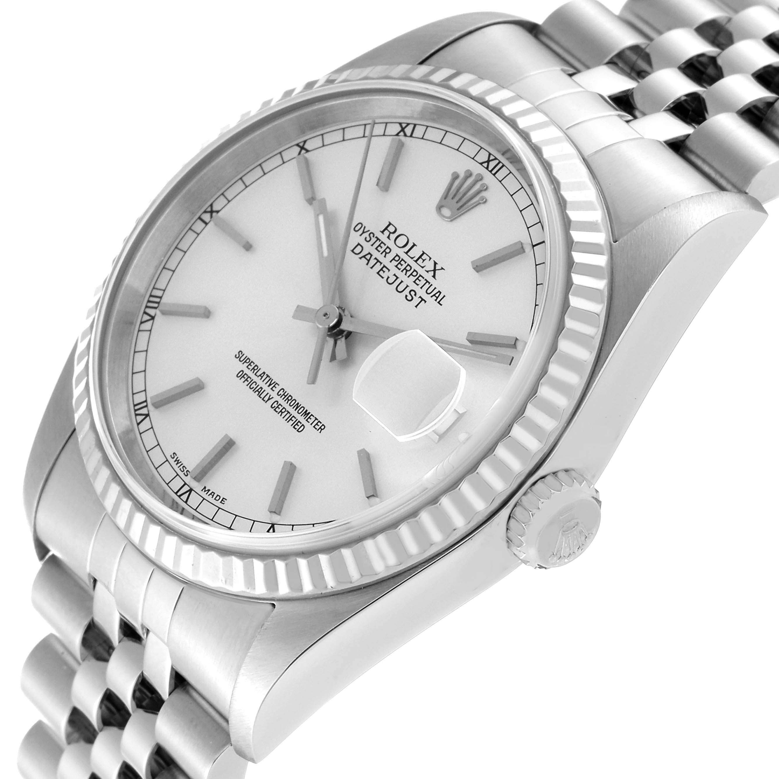 This image shows a Rolex Datejust 16234 Men's Stainless Steel Silver Dial 16234 Men's Stainless Steel Silver Dial watch from an angled perspective, highlighting the dial, bezel, crown, and part of the bracelet.